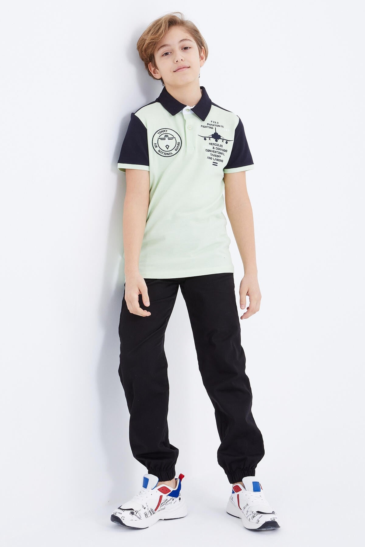 Light Green Embroidered Detailed Short Sleeve Polo Collar Boys' T-Shirt - 10906