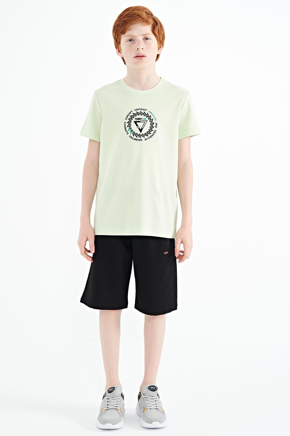 Light Green Embroidered Detailed O Collar Standard Fit Boys' T-Shirt - 11115