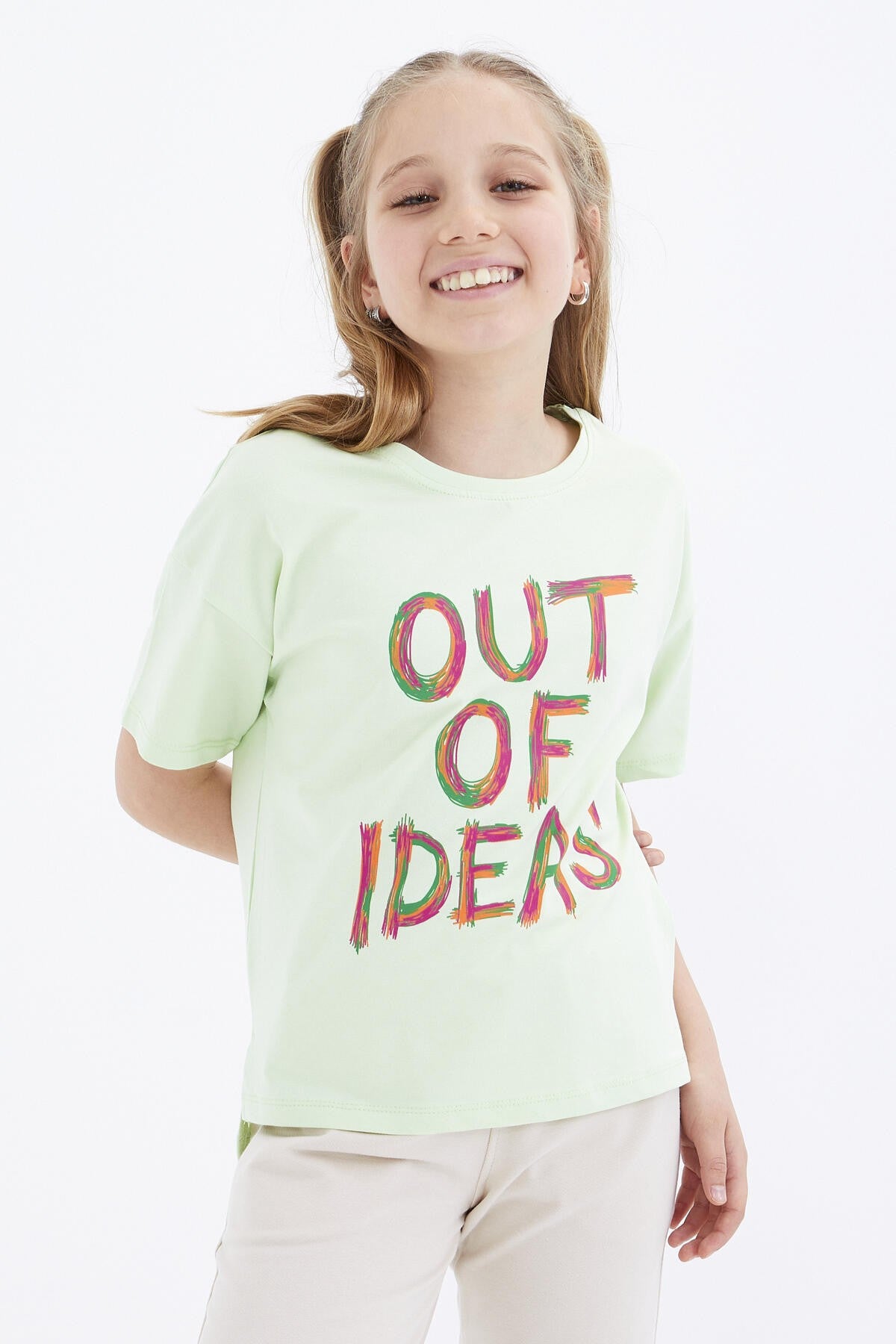 Light Green Oversize Printed O Collar Drop Shoulder Girl's T-Shirt - 75028