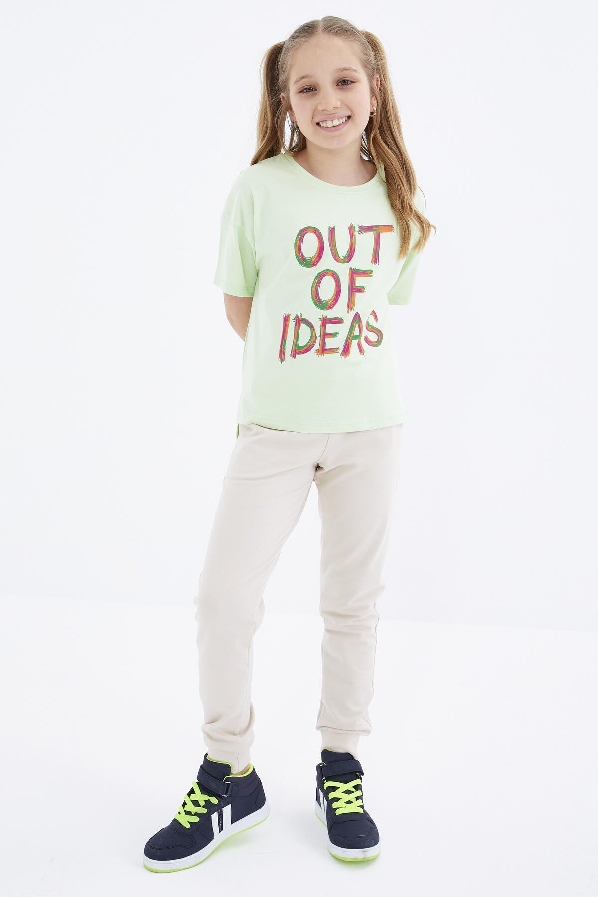 Light Green Oversize Printed O Collar Drop Shoulder Girl's T-Shirt - 75028