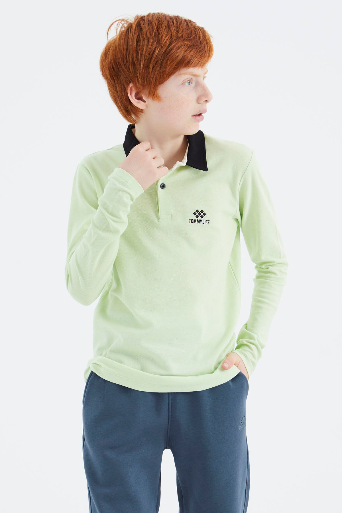 Light Green Polo Collar Basic Boys T-Shirt - 11171