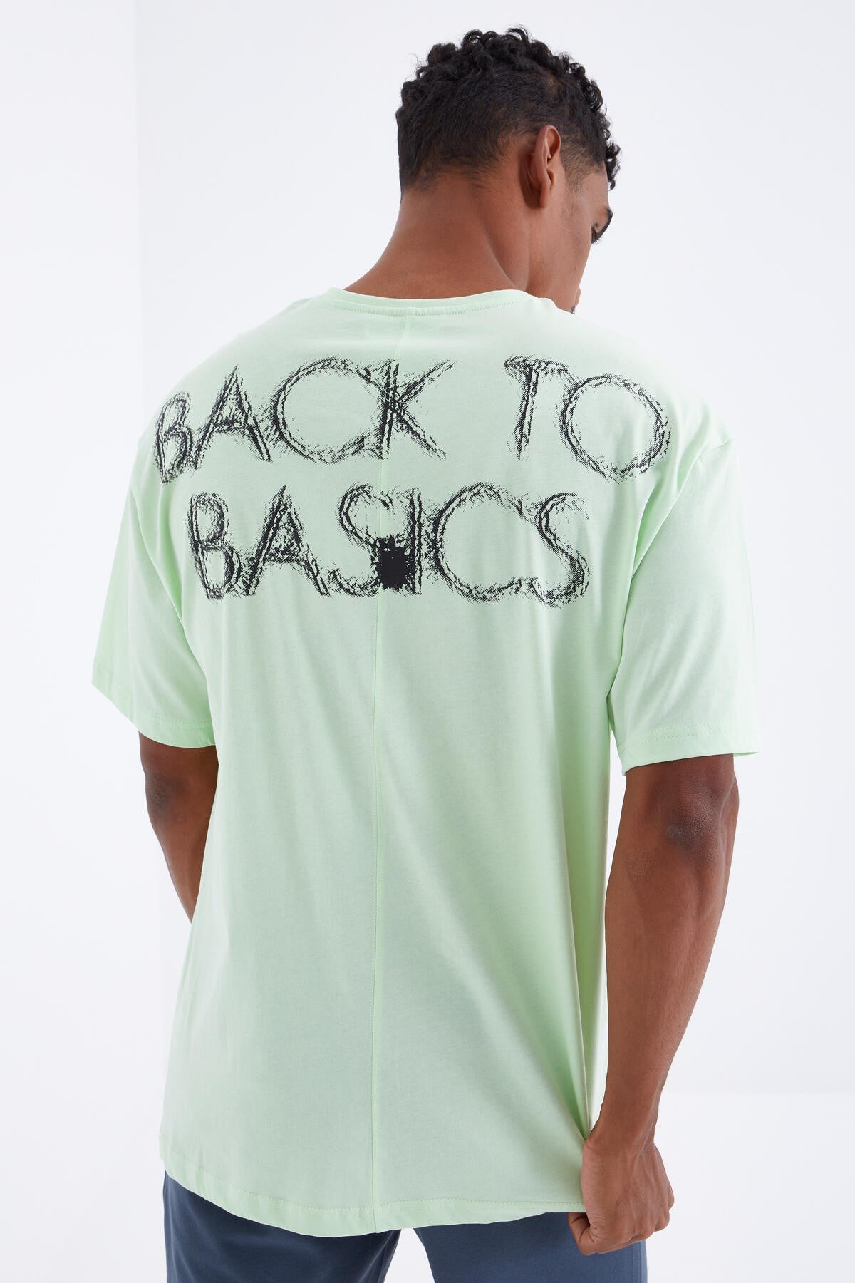 Light Green Back Print O Collar Men's Oversize T-Shirt - 88100