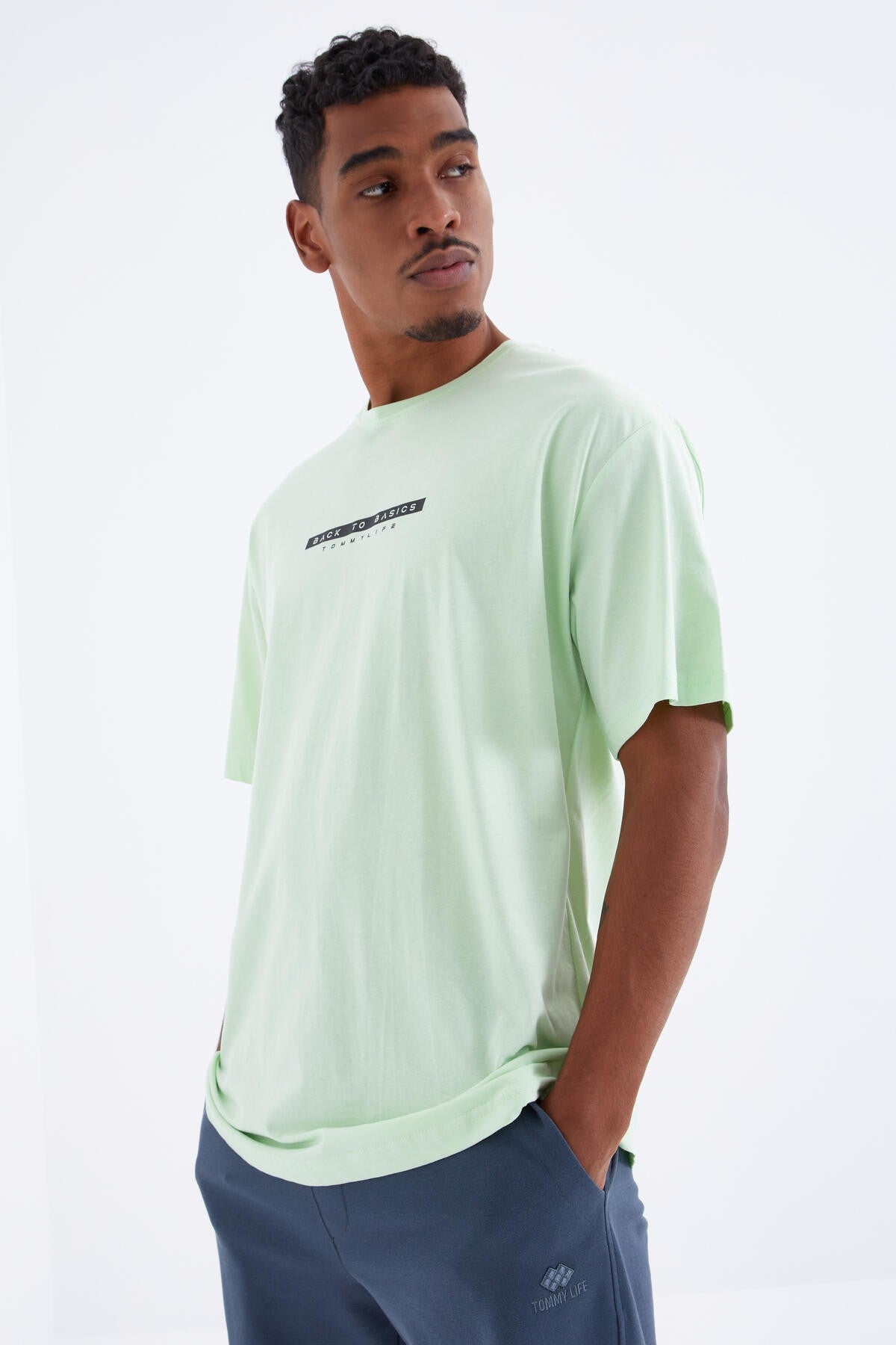 Light Green Back Print O Collar Men's Oversize T-Shirt - 88100