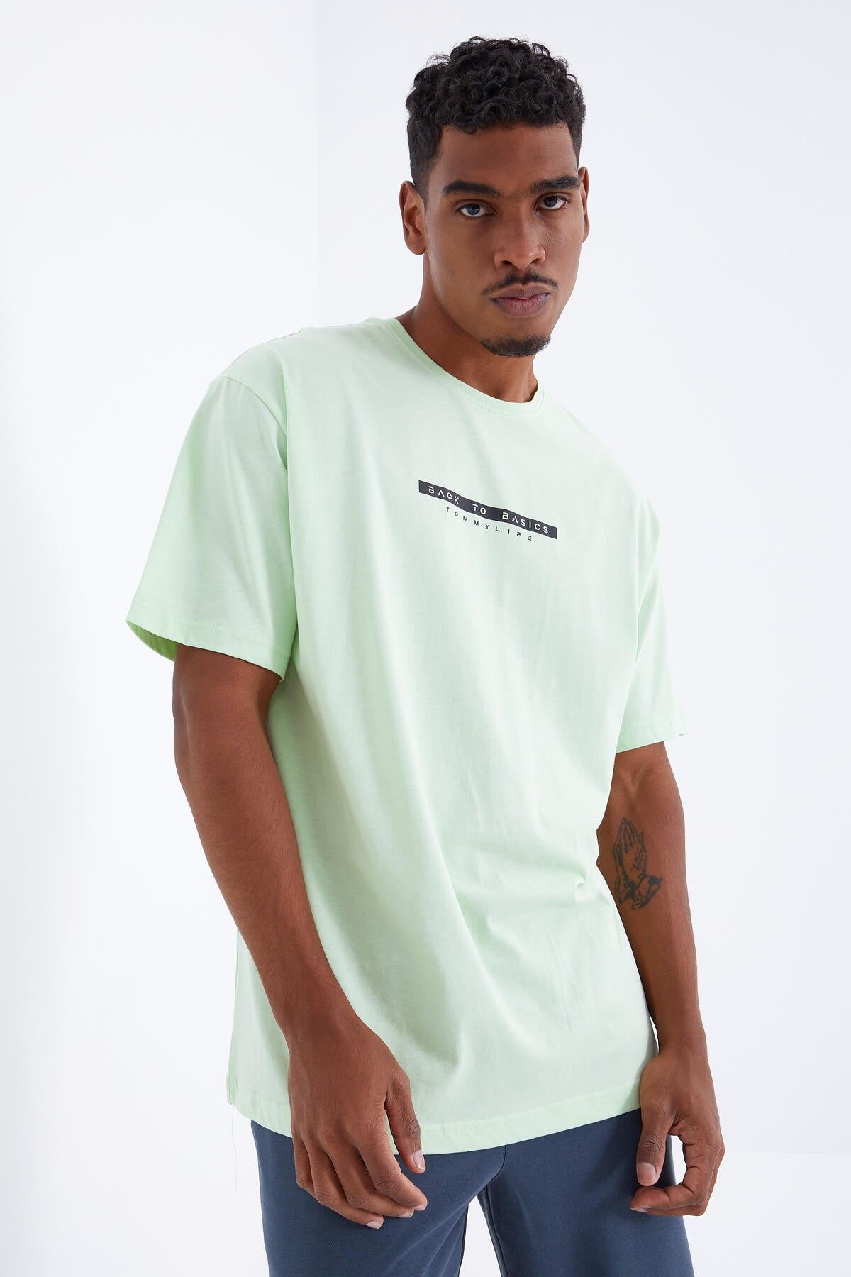 Light Green Back Print O Collar Men's Oversize T-Shirt - 88100