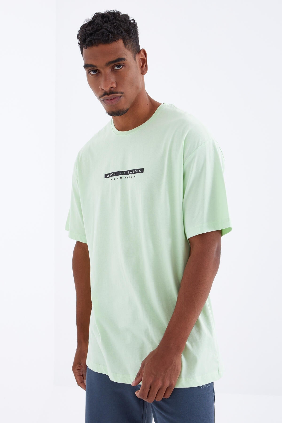 Light Green Back Print O Collar Men's Oversize T-Shirt - 88100