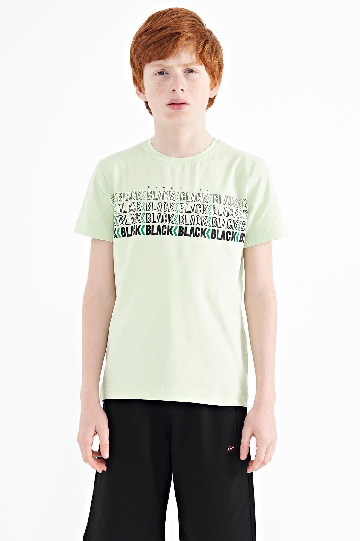 Light Green Print O Collar Standard Fit Boys' T-Shirt - 11149