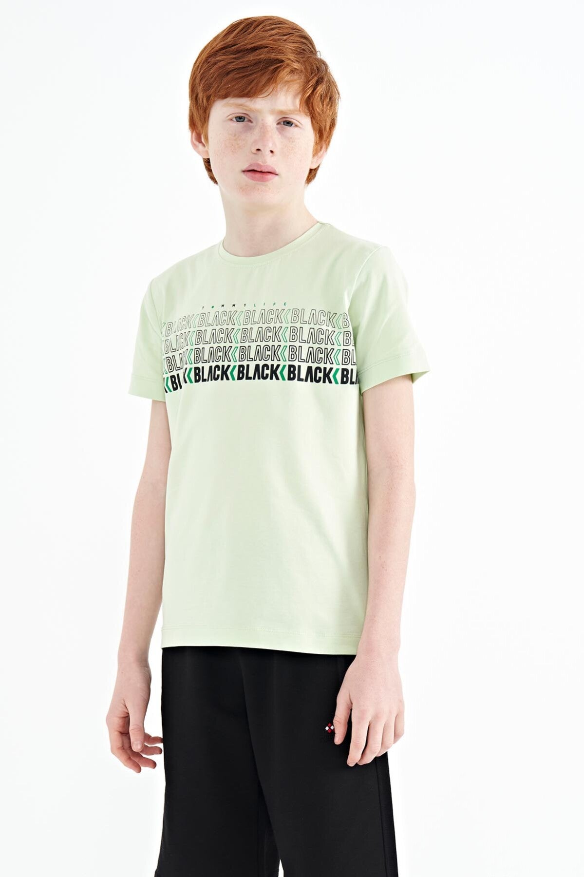 Light Green Print O Collar Standard Fit Boys' T-Shirt - 11149