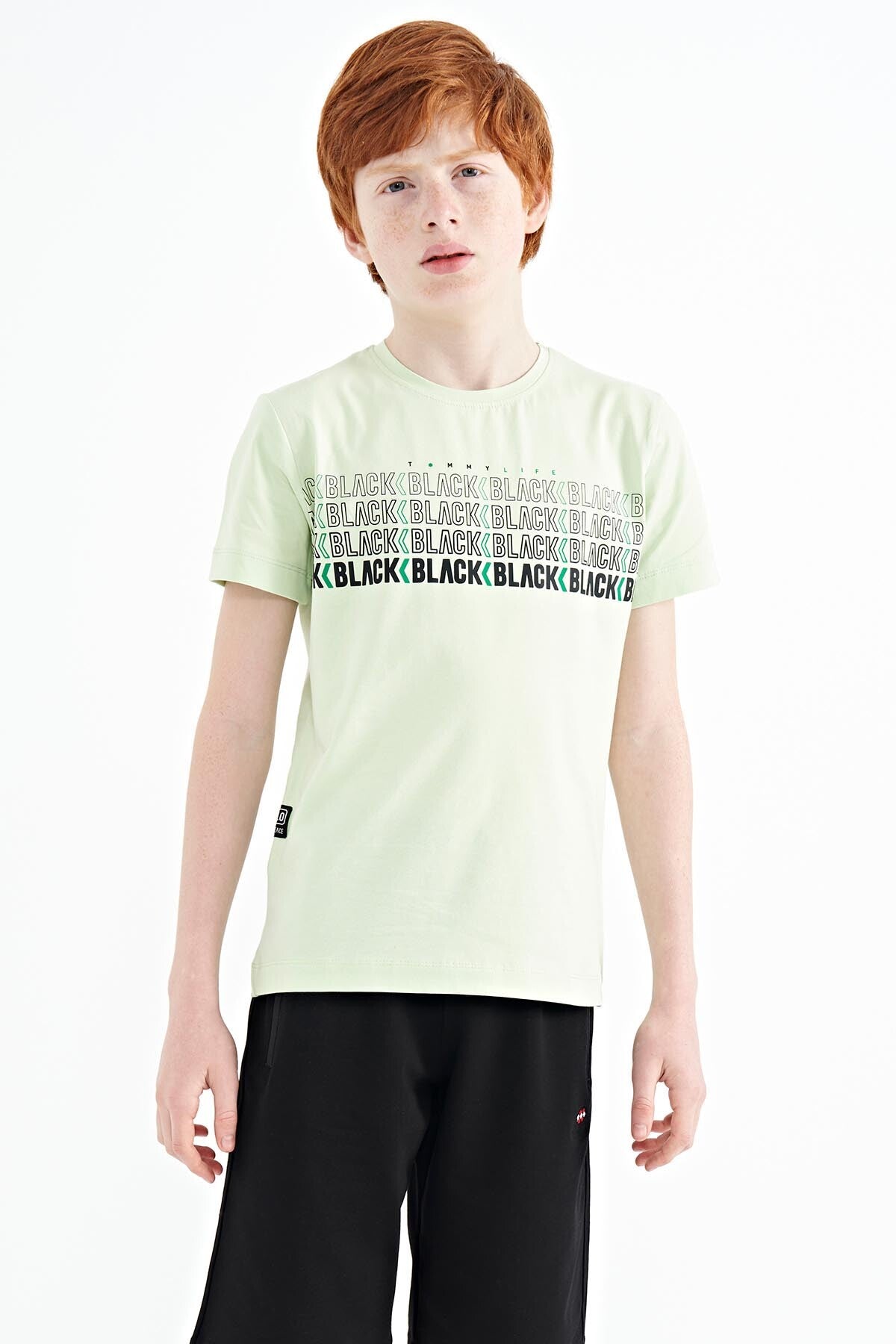 Light Green Print O Collar Standard Fit Boys' T-Shirt - 11149