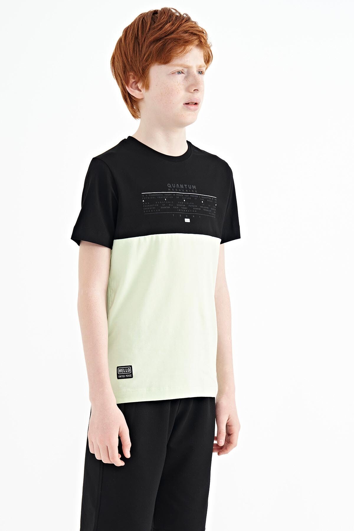 Light Green Printed Color Block Standard Fit O Collar Boys' T-Shirt - 11134
