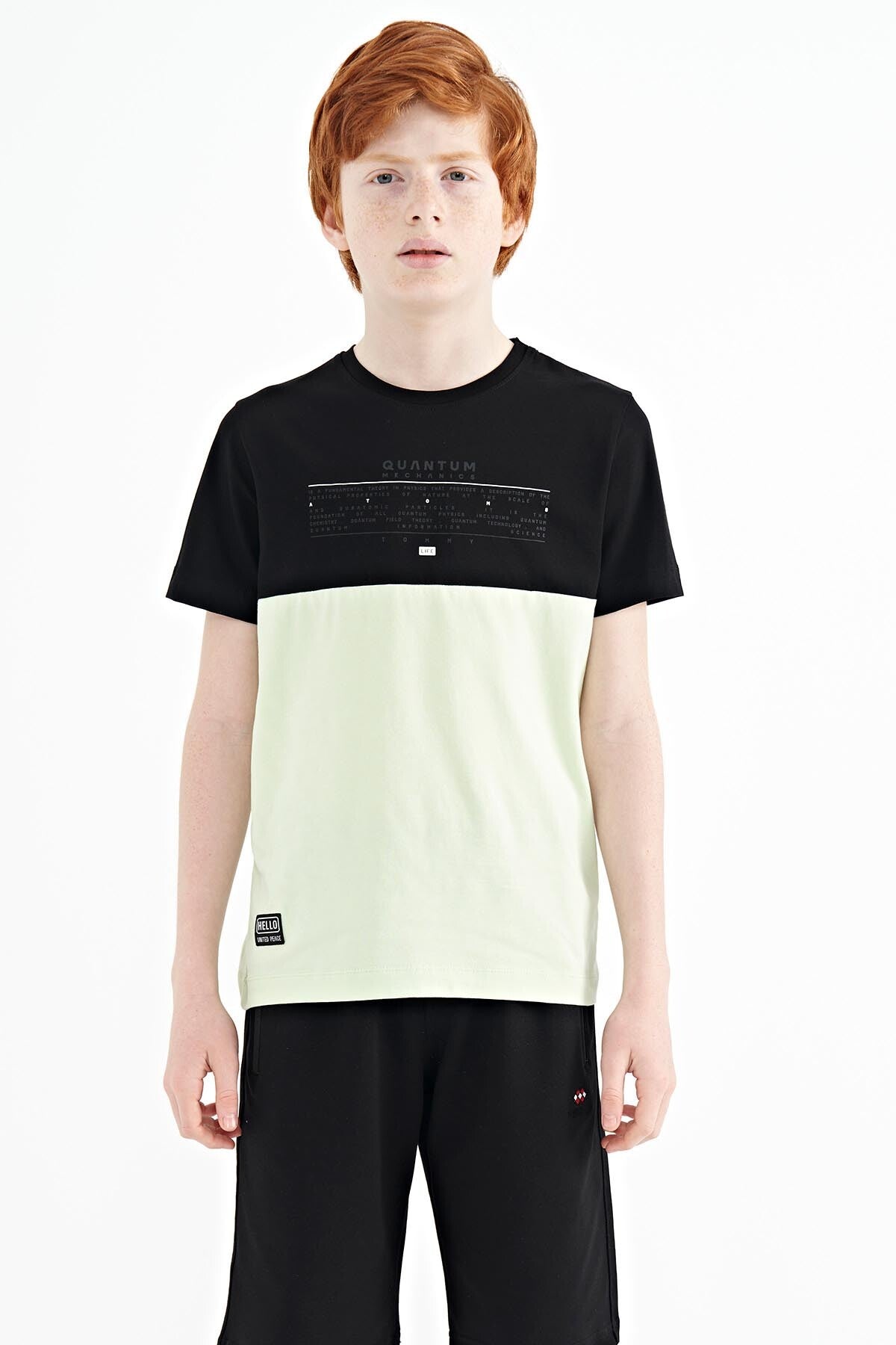 Light Green Printed Color Block Standard Fit O Collar Boys' T-Shirt - 11134