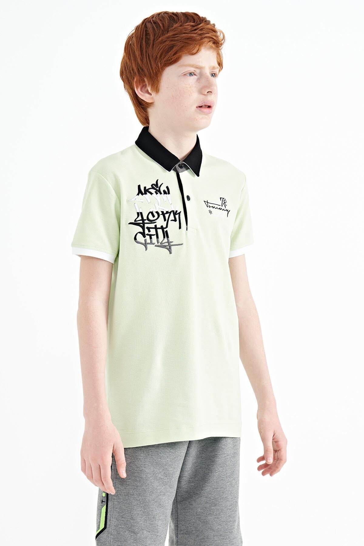Light Green Embroidered Detailed Standard Pattern Polo Collar Boys T-Shirt - 11085