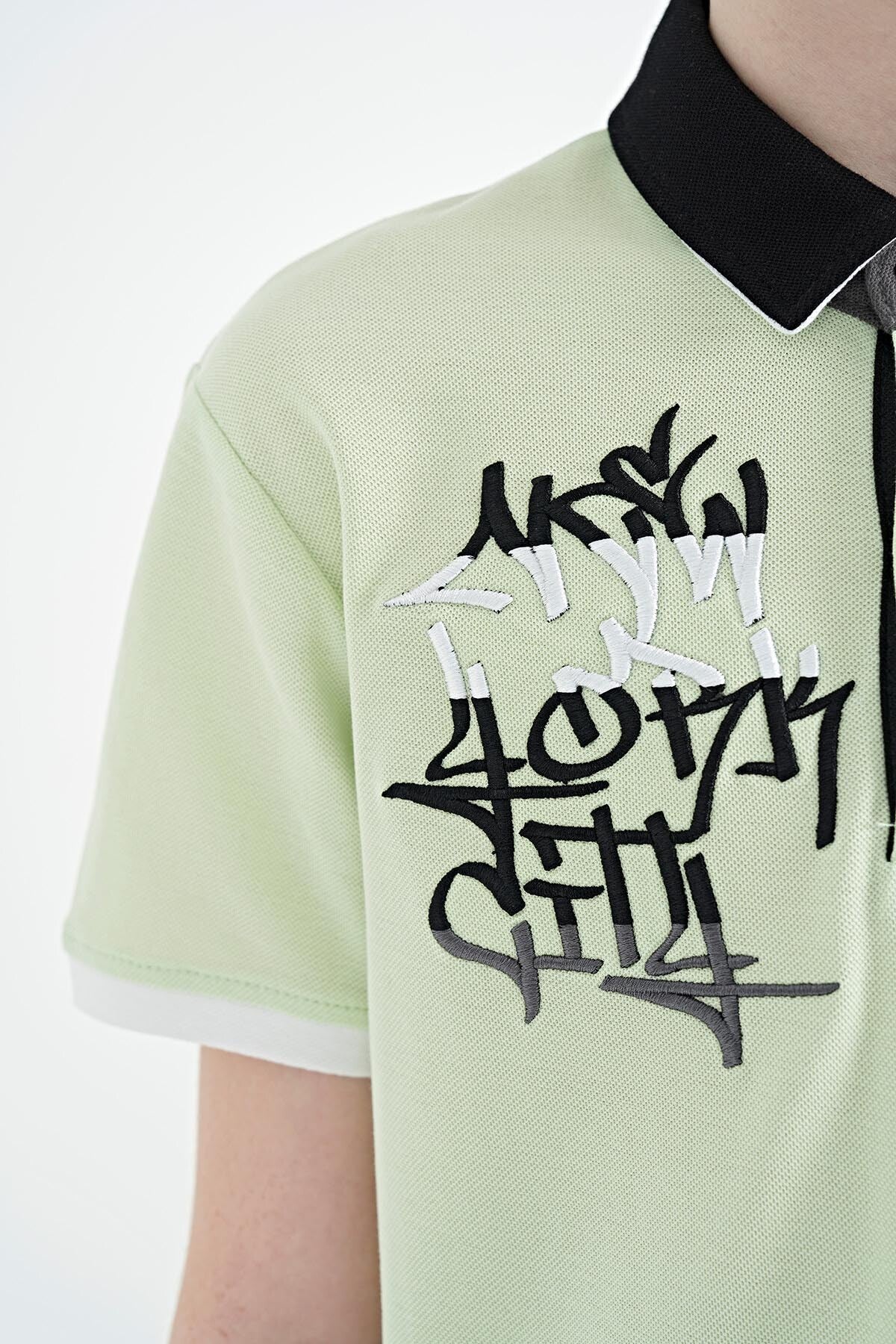 Light Green Embroidered Detailed Standard Pattern Polo Collar Boys T-Shirt - 11085