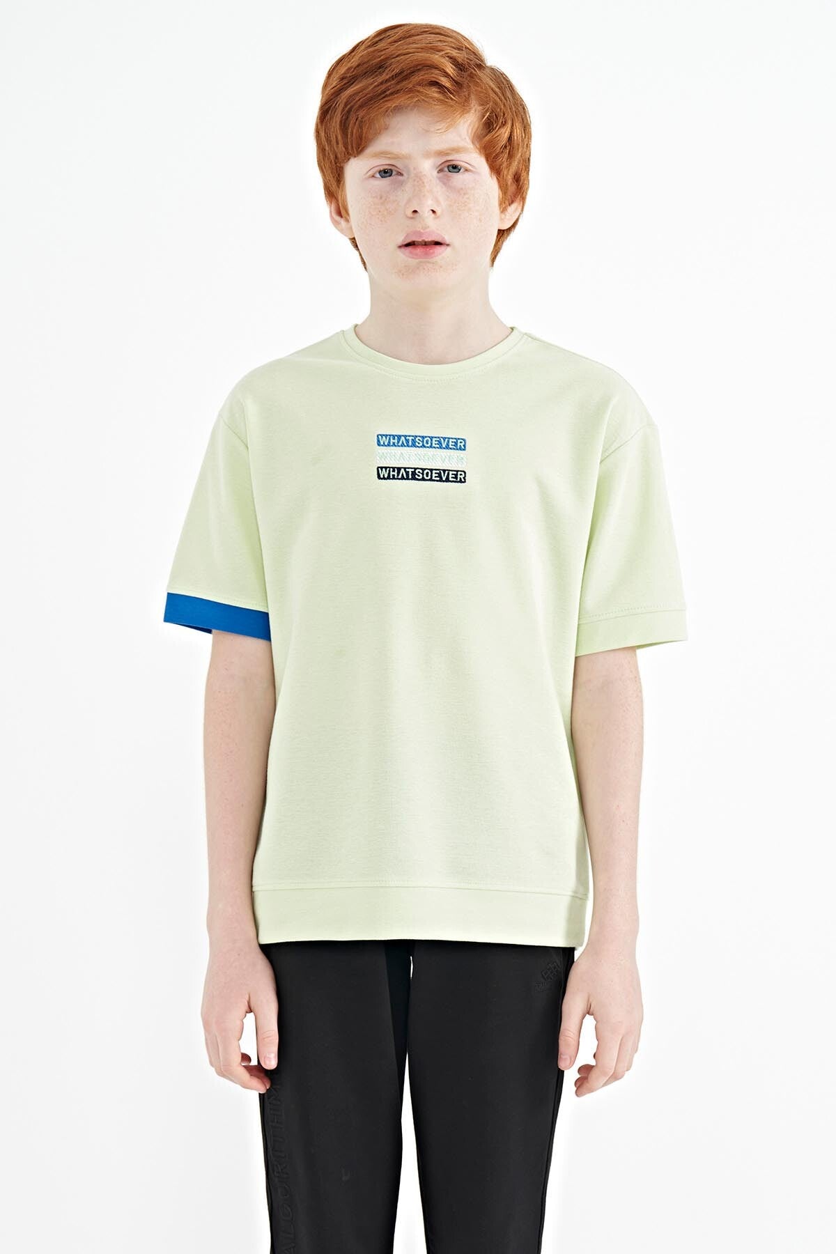 Light Green Embroidered O Collar Oversize Boys T-Shirt - 11146