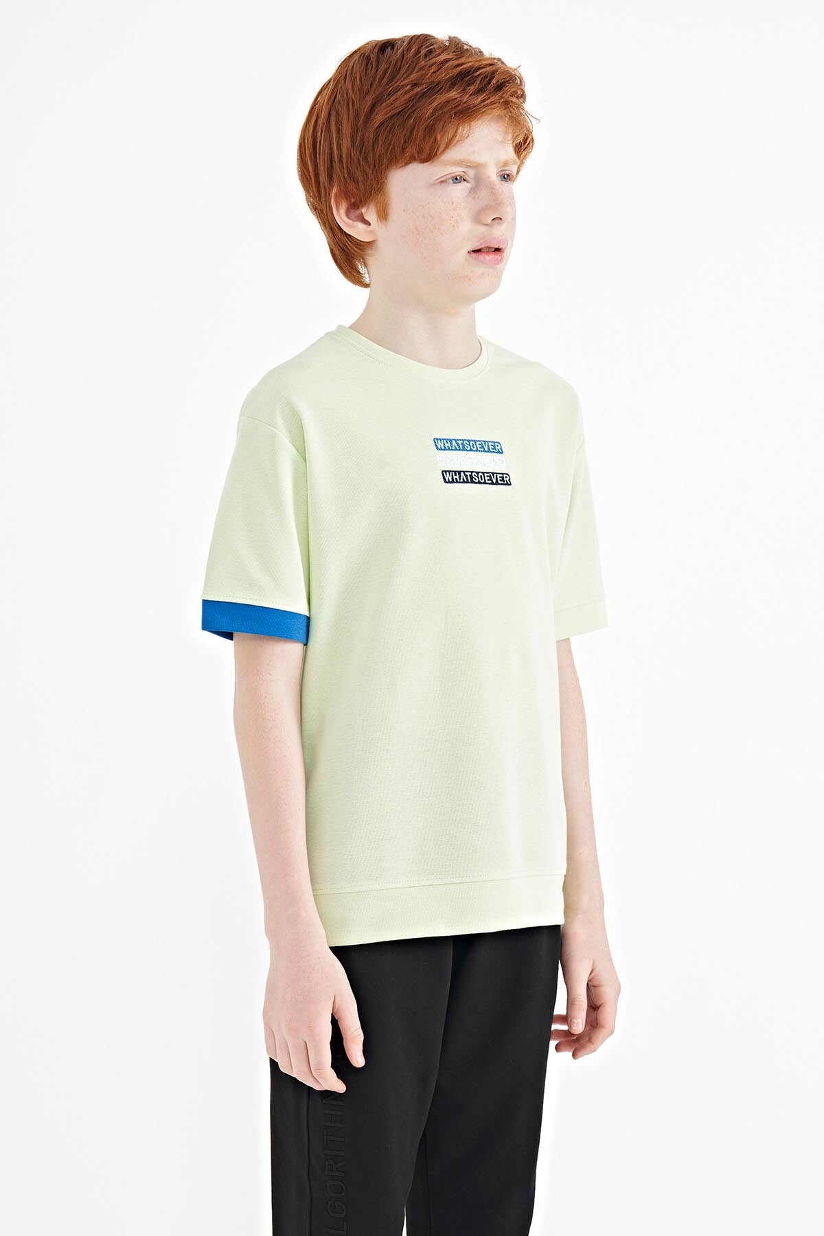 Light Green Embroidered O Collar Oversize Boys T-Shirt - 11146
