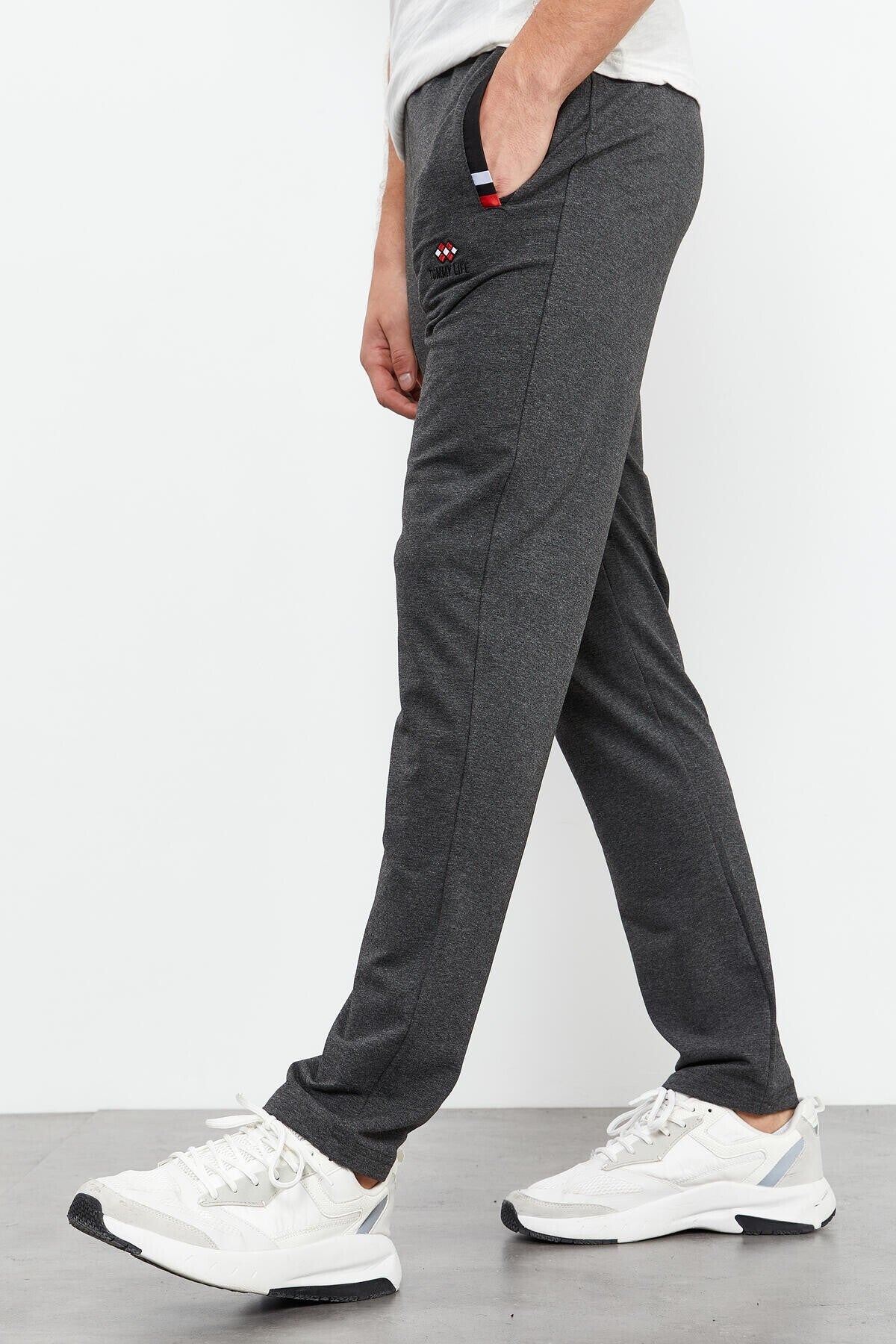 Anthracite Melange - Black Zippered Classic Hem Men's Tracksuit Bottom - 84649