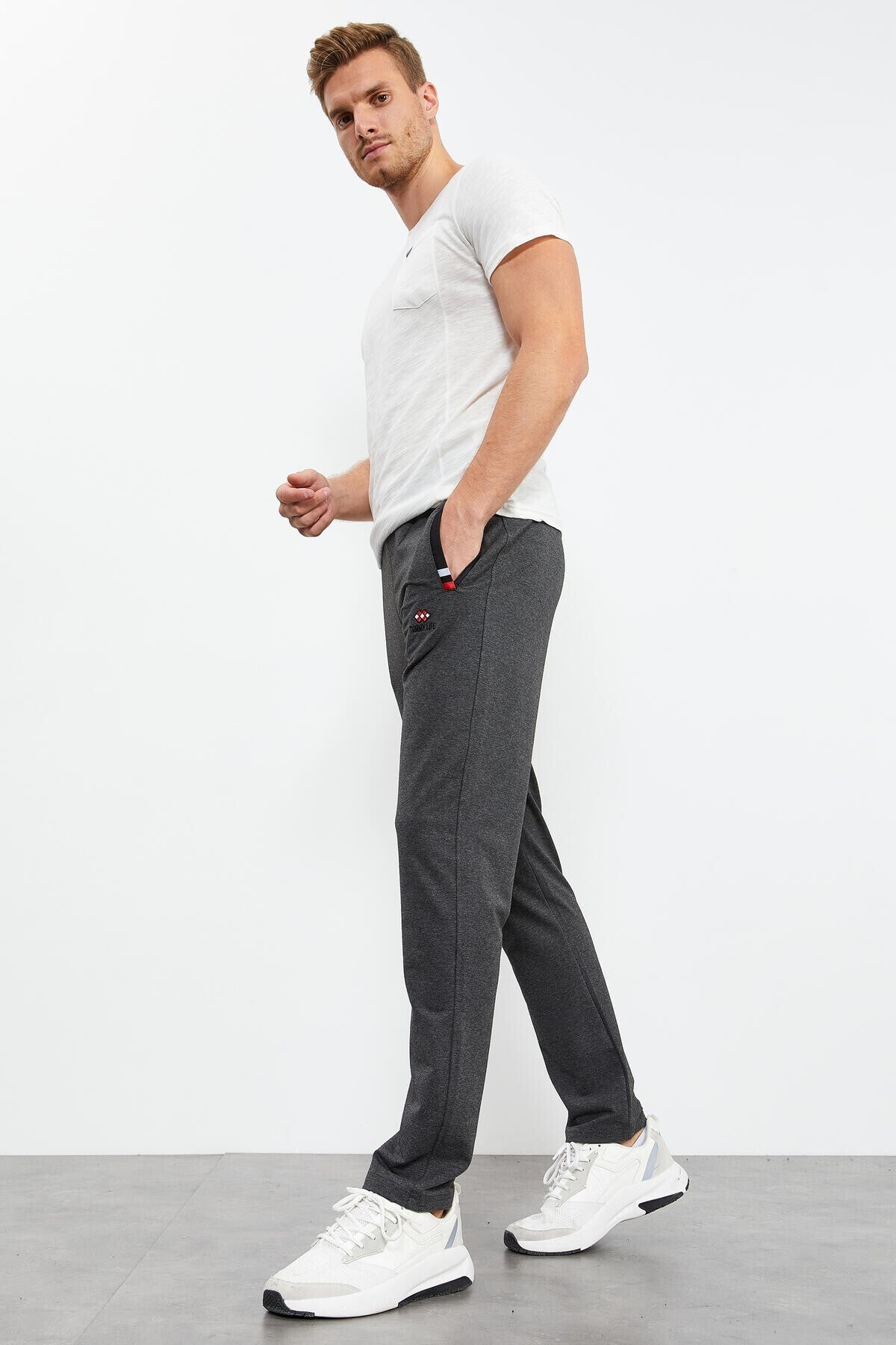 Anthracite Melange - Black Zippered Classic Hem Men's Tracksuit Bottom - 84649