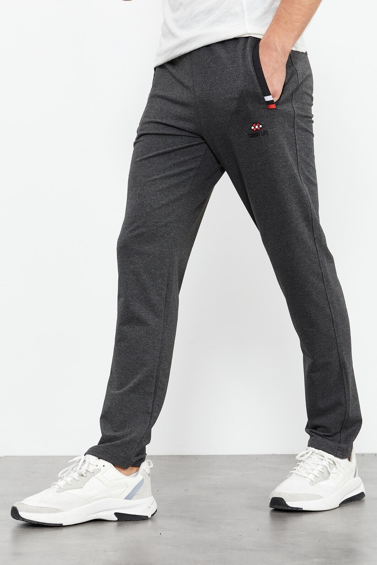 Anthracite Melange - Black Zippered Classic Hem Men's Tracksuit Bottom - 84649