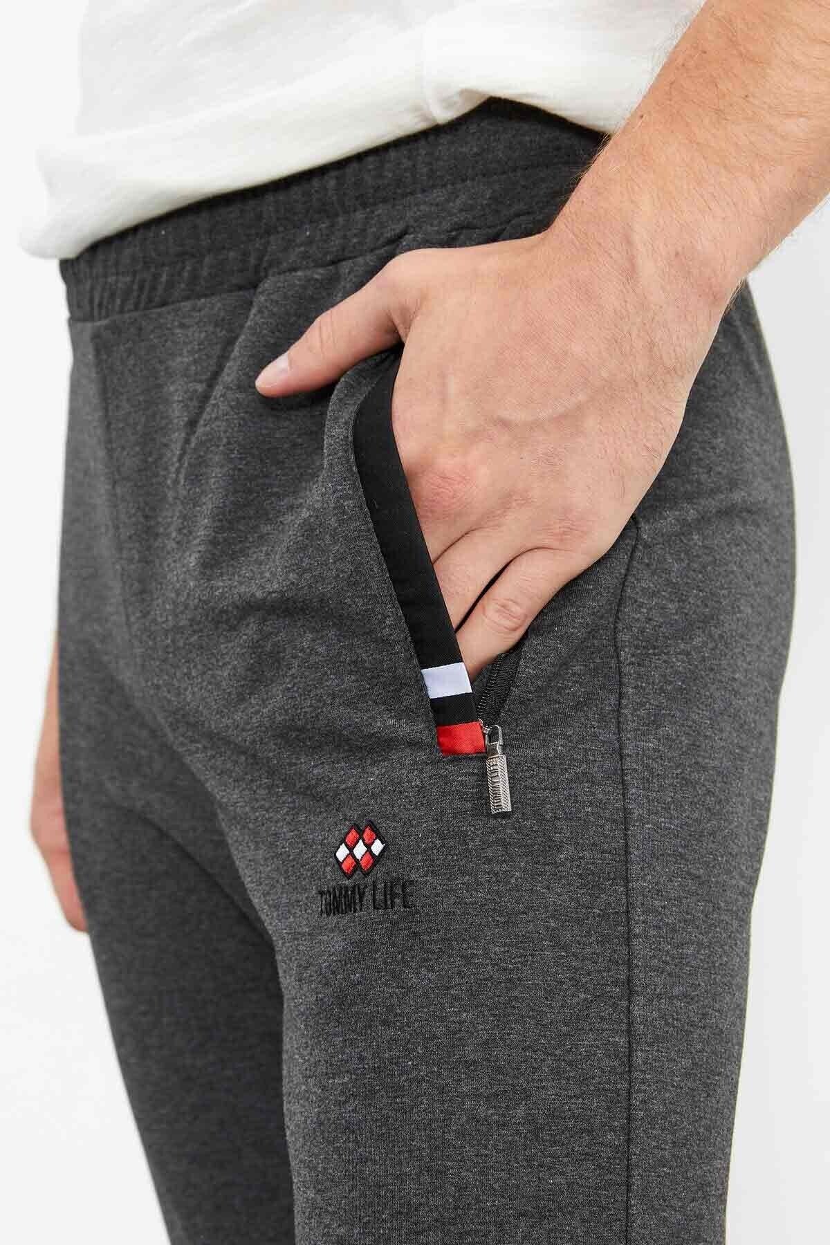 Anthracite Melange - Black Zippered Classic Hem Men's Tracksuit Bottom - 84649