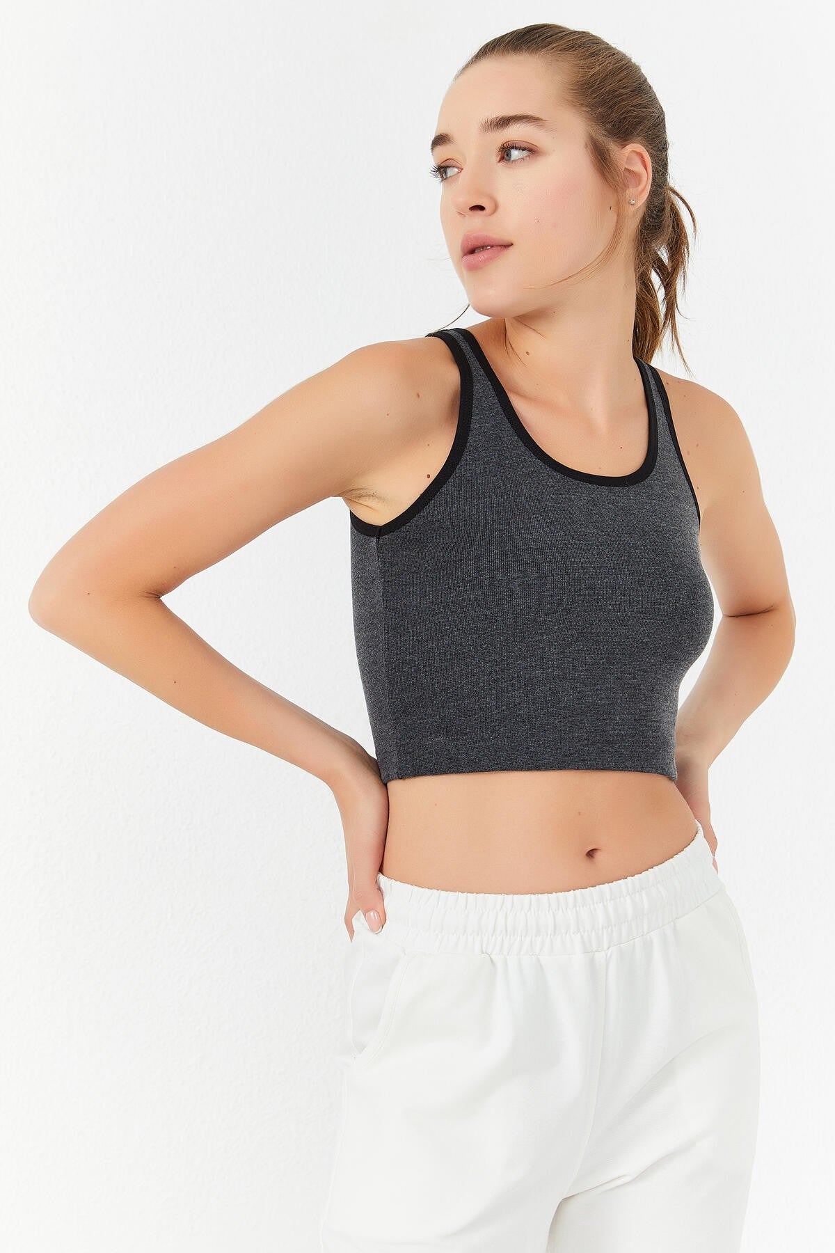 Anthracite Melanj Basic Zero Neckline Straight Cut U Collar Women's Crop Top Singlet - 97162