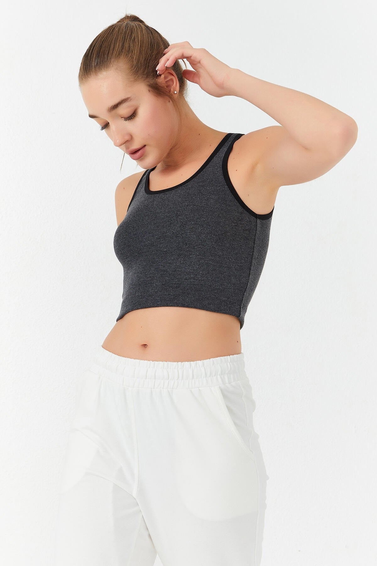 Anthracite Melanj Basic Zero Neckline Straight Cut U Collar Women's Crop Top Singlet - 97162