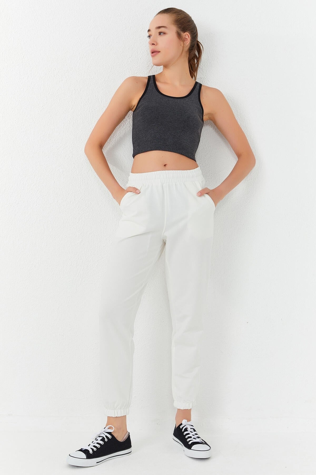 Anthracite Melanj Basic Zero Neckline Straight Cut U Collar Women's Crop Top Singlet - 97162