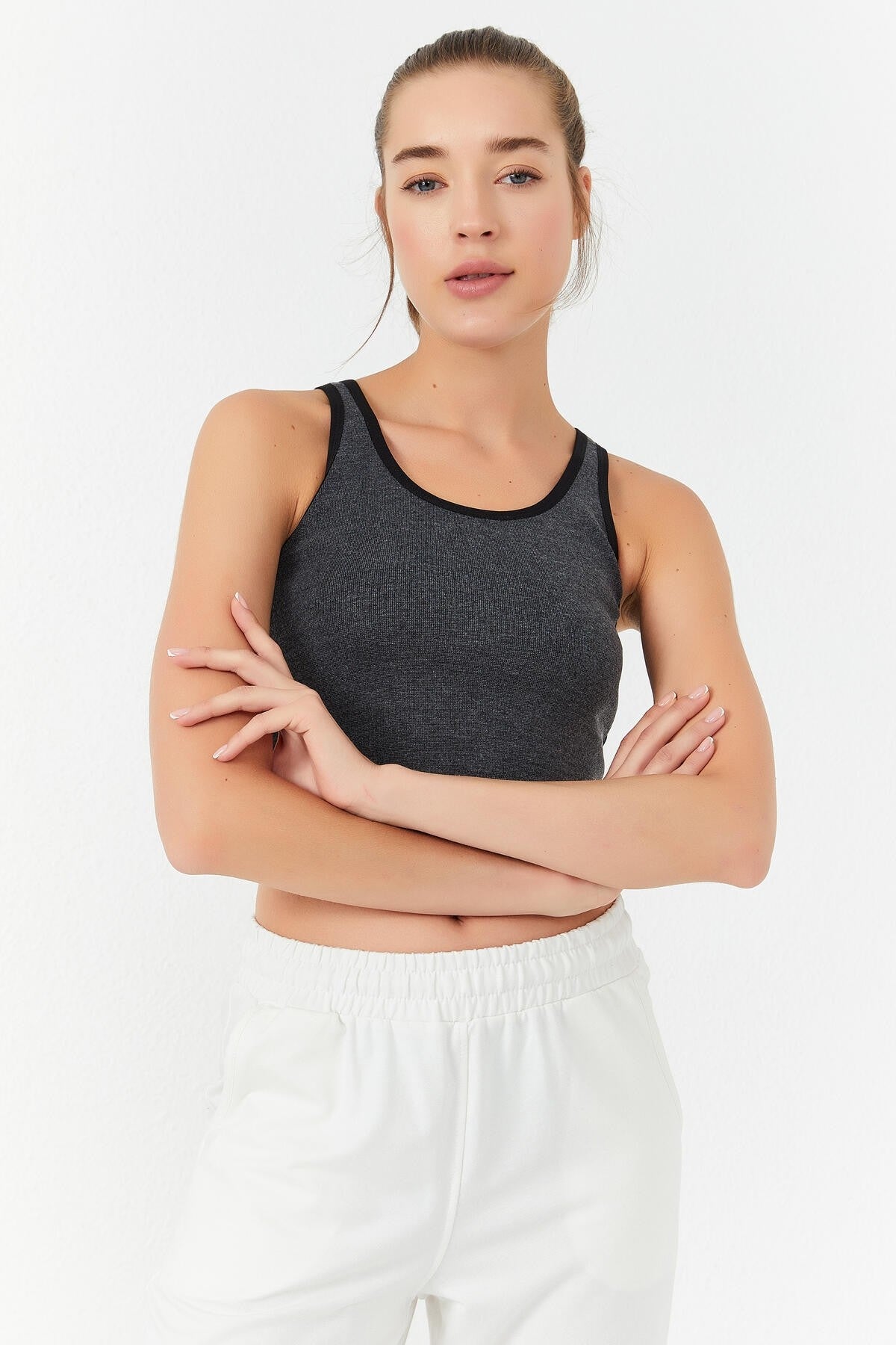 Anthracite Melanj Basic Zero Neckline Straight Cut U Collar Women's Crop Top Singlet - 97162