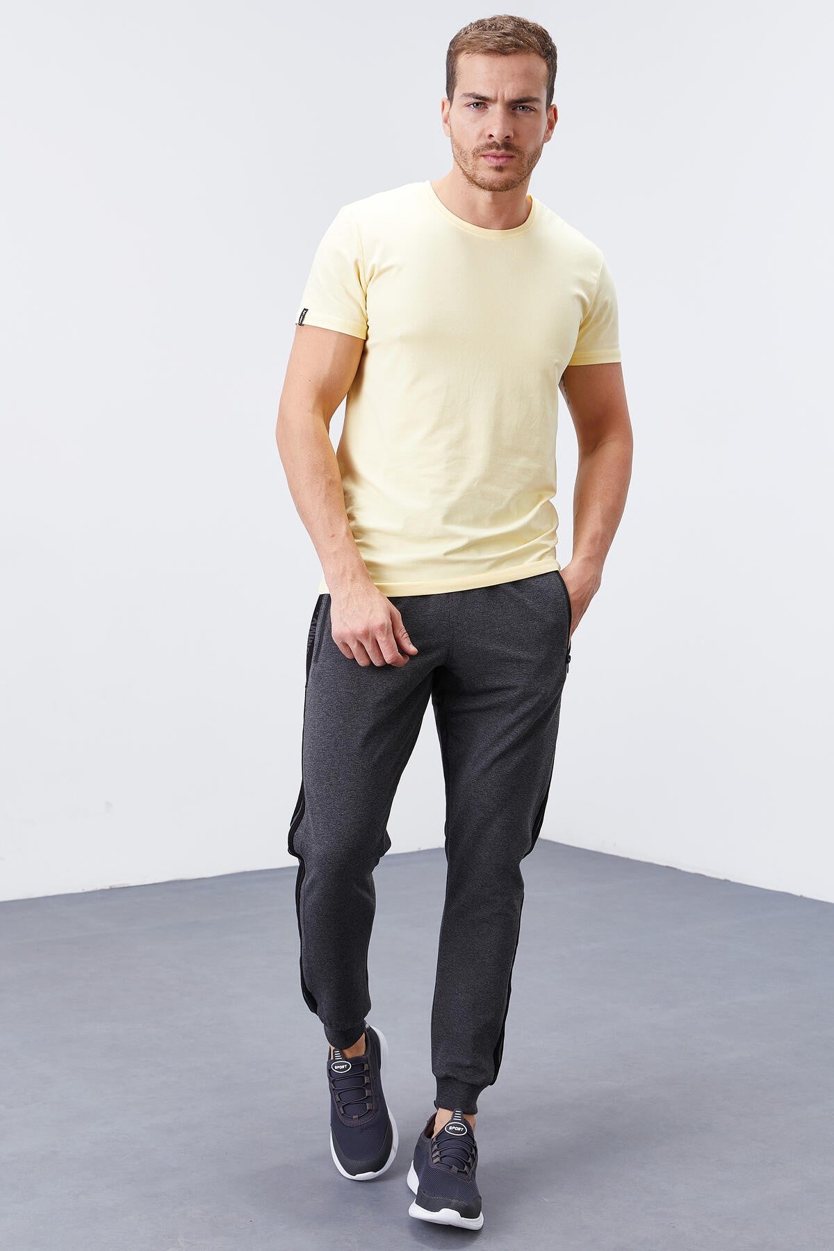 Anthracite Melange Double Stitched Standard Fit Jogger Men's Tracksuit Bottom - 84694
