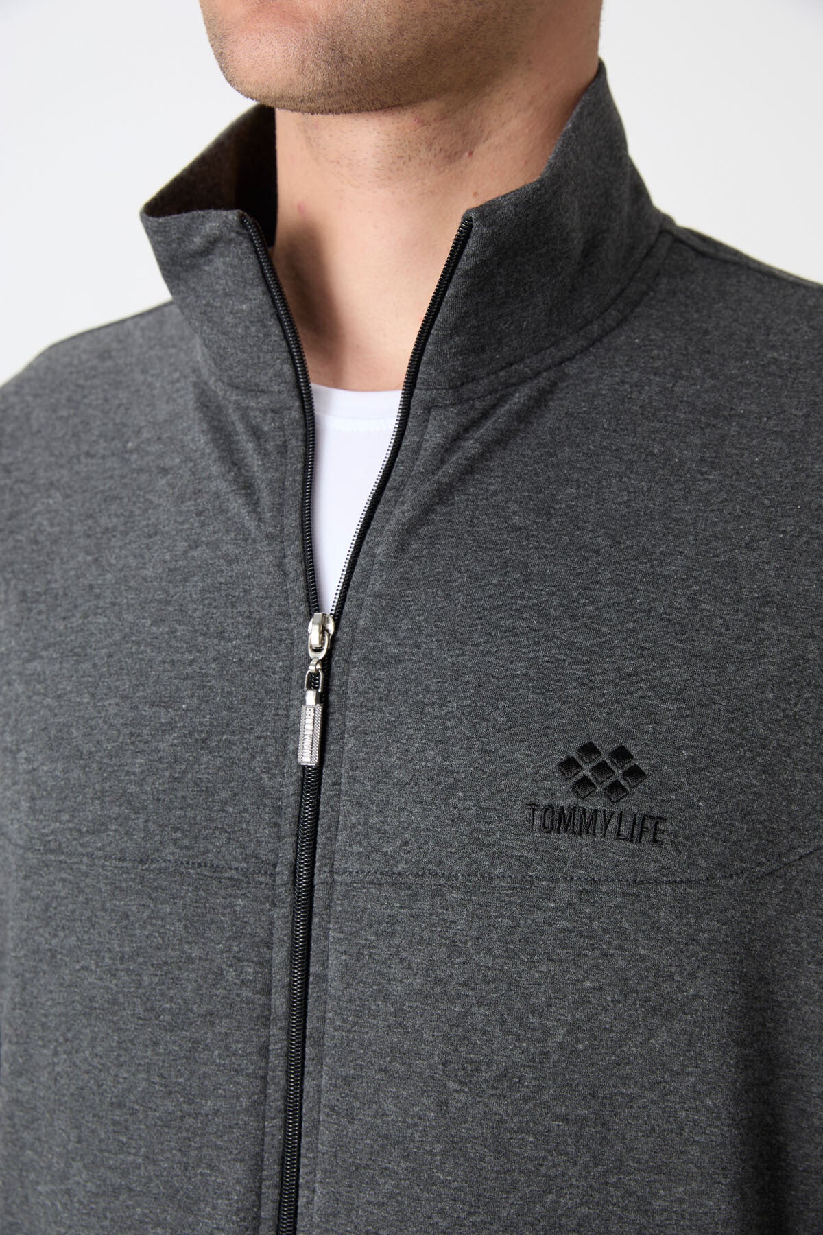 Anthracite Melange High Collar Zippered Comfort Fit Classic Cuff Men's Tracksuit Set - 85072