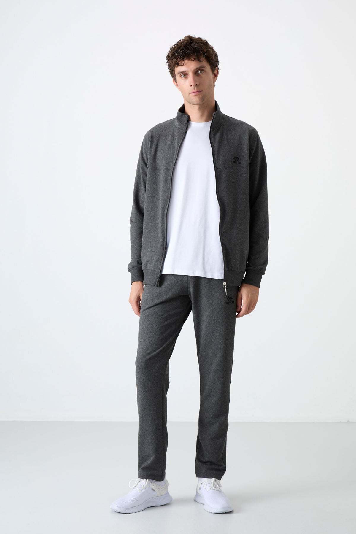 Anthracite Melange High Collar Zippered Comfort Fit Classic Cuff Men's Tracksuit Set - 85072
