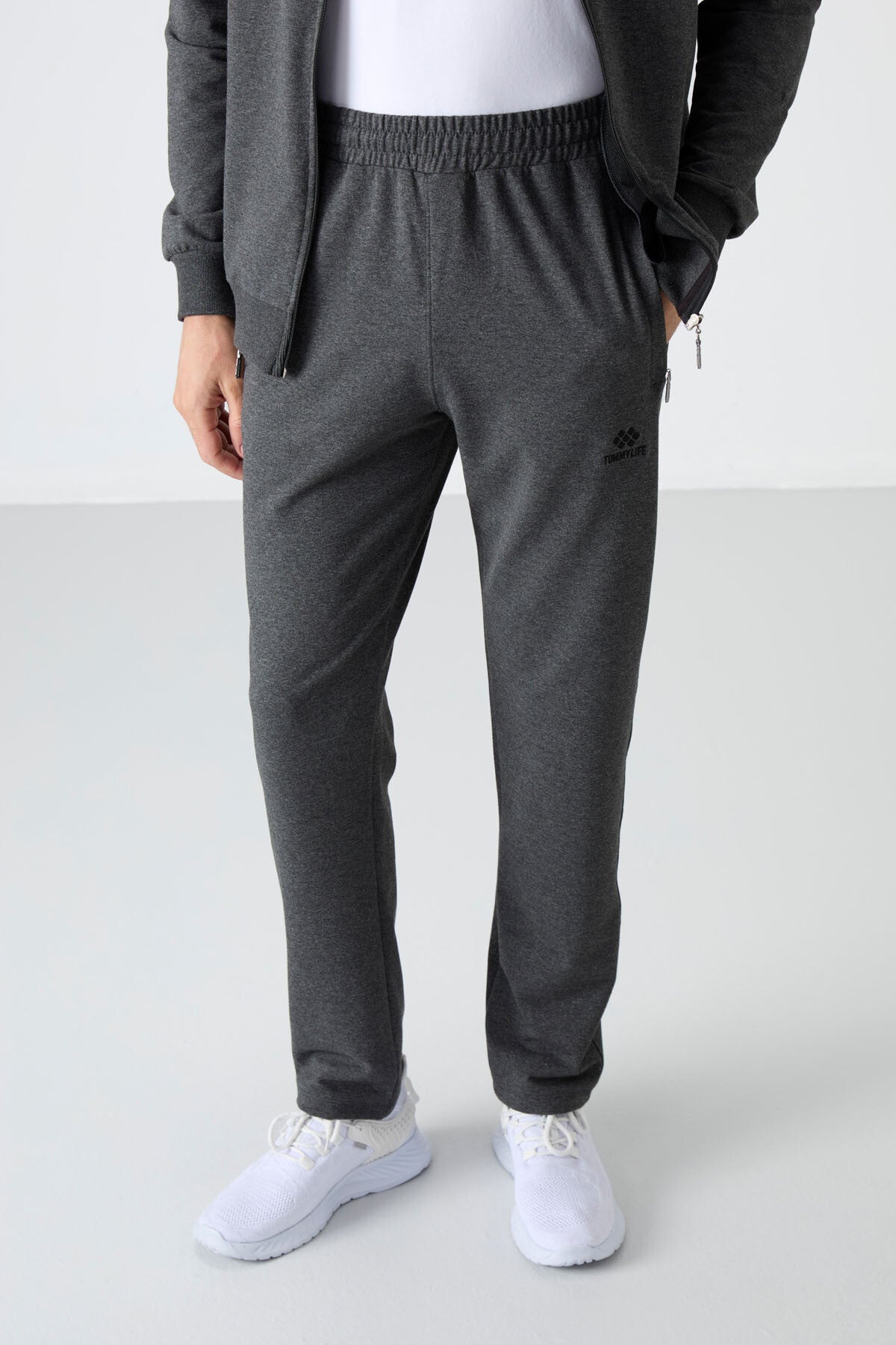 Anthracite Melange High Collar Zippered Comfort Fit Classic Cuff Men's Tracksuit Set - 85072