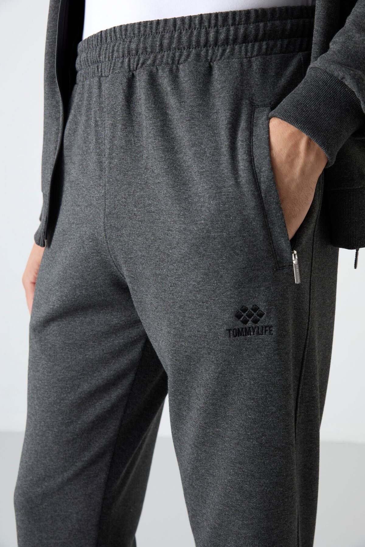 Anthracite Melange High Collar Zippered Comfort Fit Classic Cuff Men's Tracksuit Set - 85072