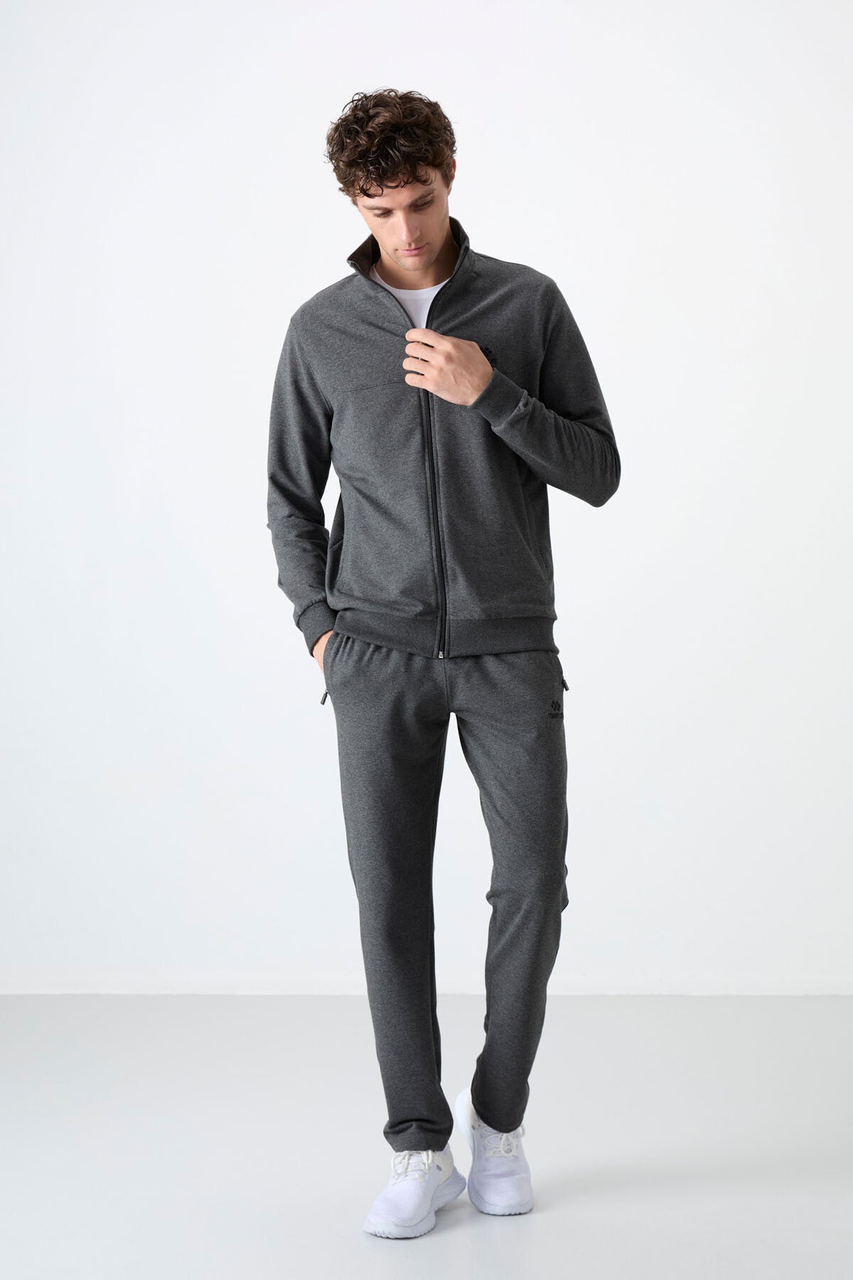 Anthracite Melange High Collar Zippered Comfort Fit Classic Cuff Men's Tracksuit Set - 85072