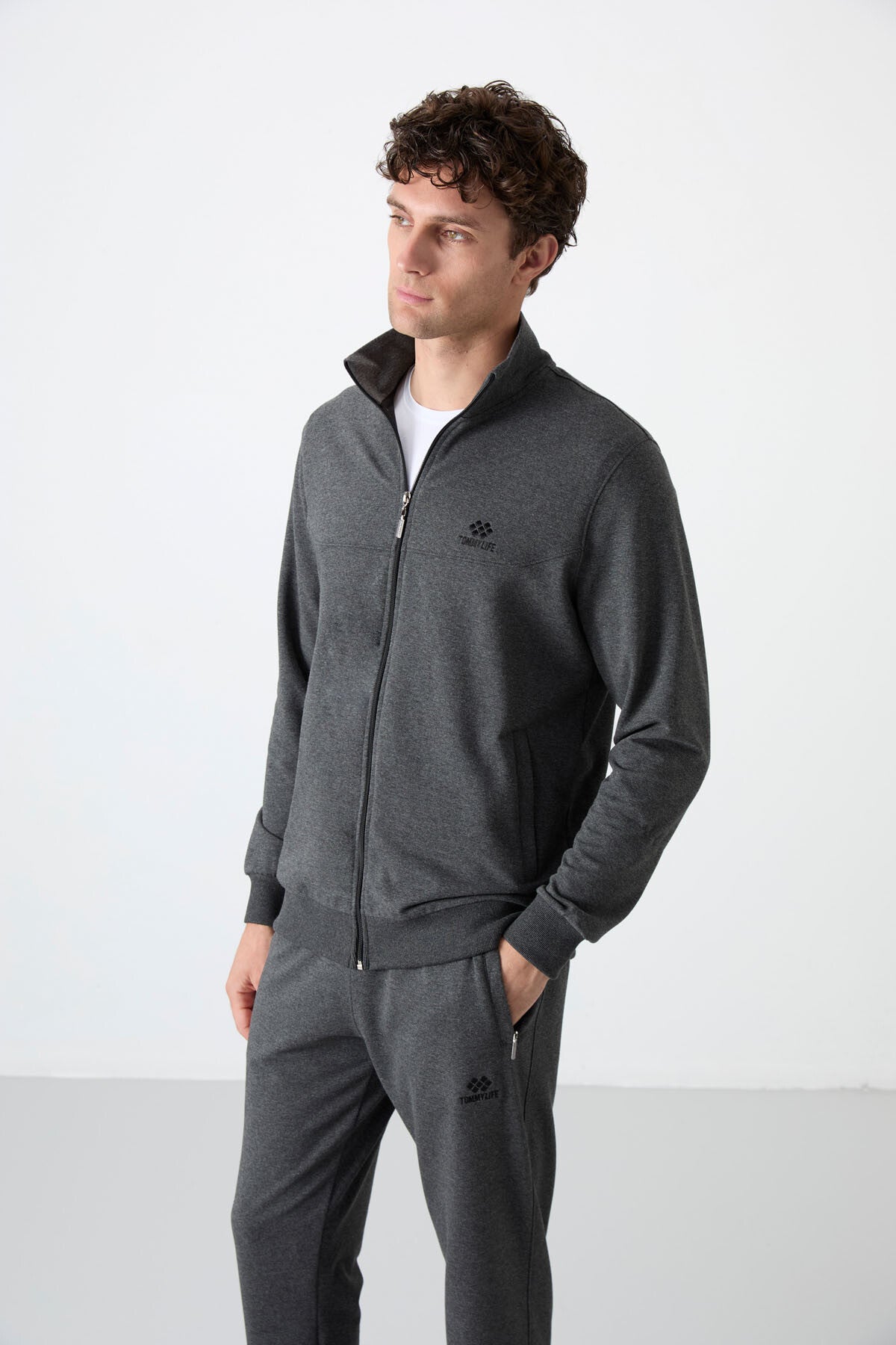 Anthracite Melange High Collar Zippered Comfort Fit Classic Cuff Men's Tracksuit Set - 85072