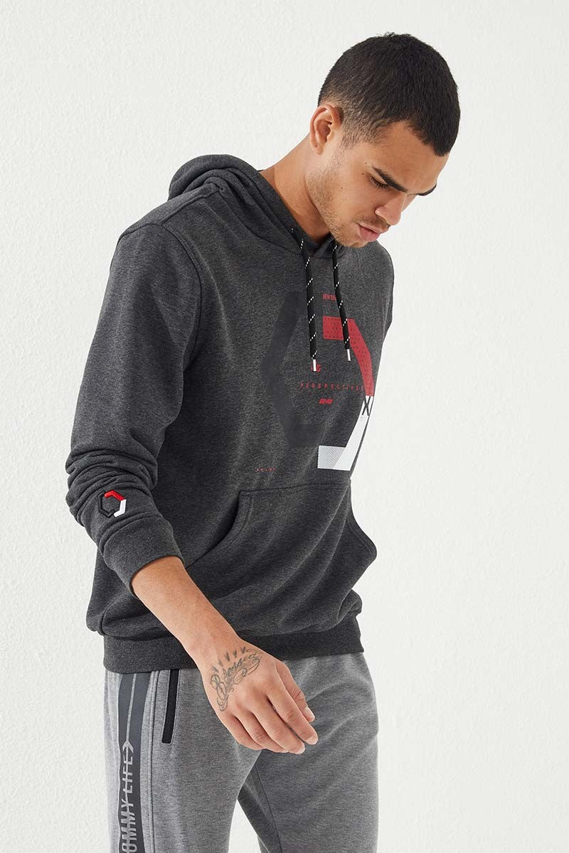 Anthracite Melange Geometric Print Standard Fit Men's Hooded Sweatshirt - 87870