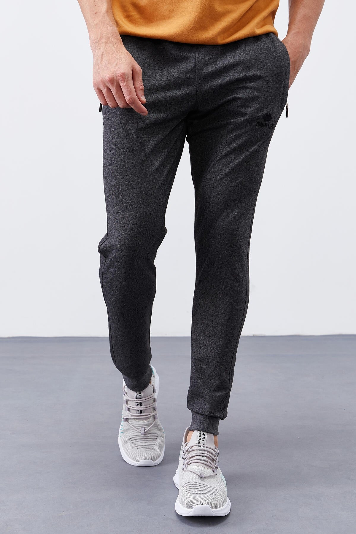 Anthracite Melange Zippered Straight Cut Jogger Men's Tracksuit Bottom - 84343