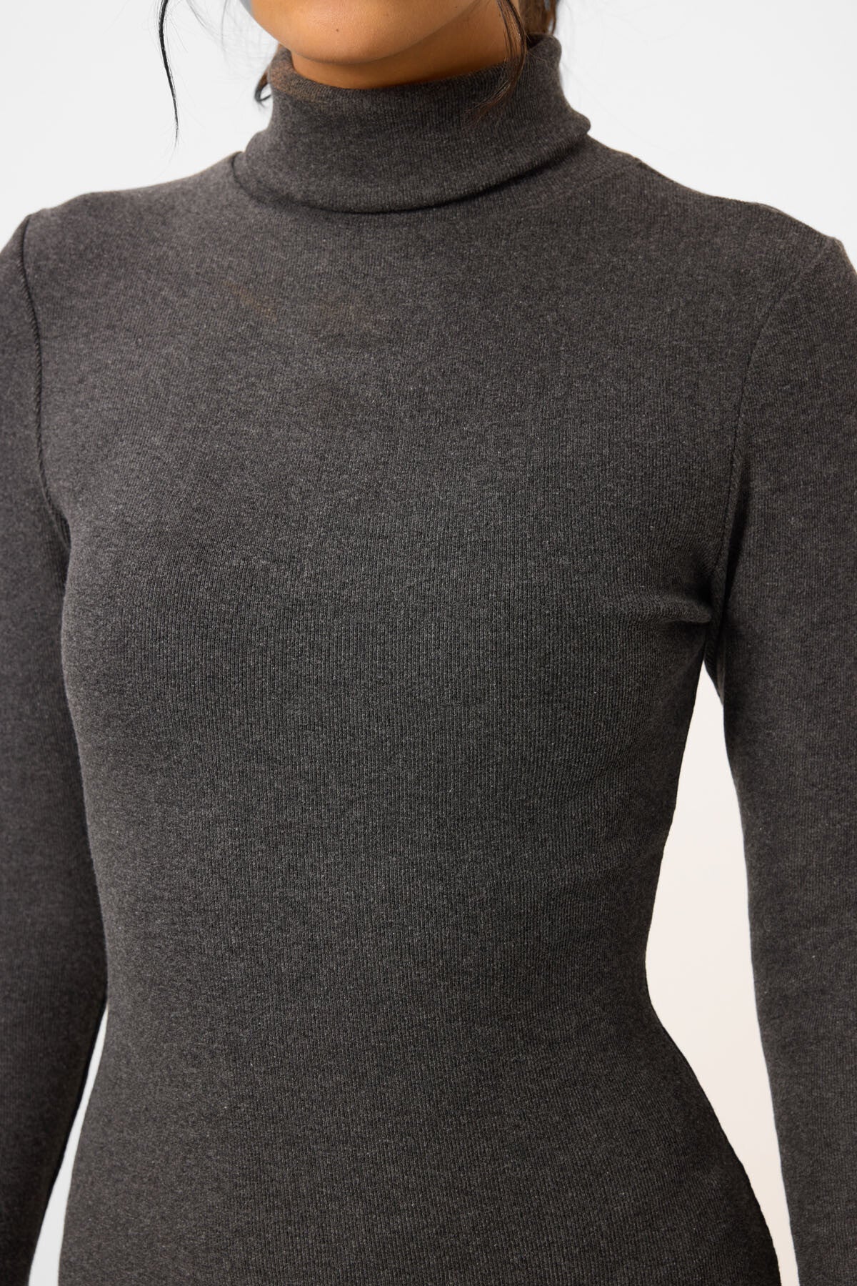 Anthracite Melange Cashmere Knitted Tight Fit Sailor Collar Women's Dress - 97117