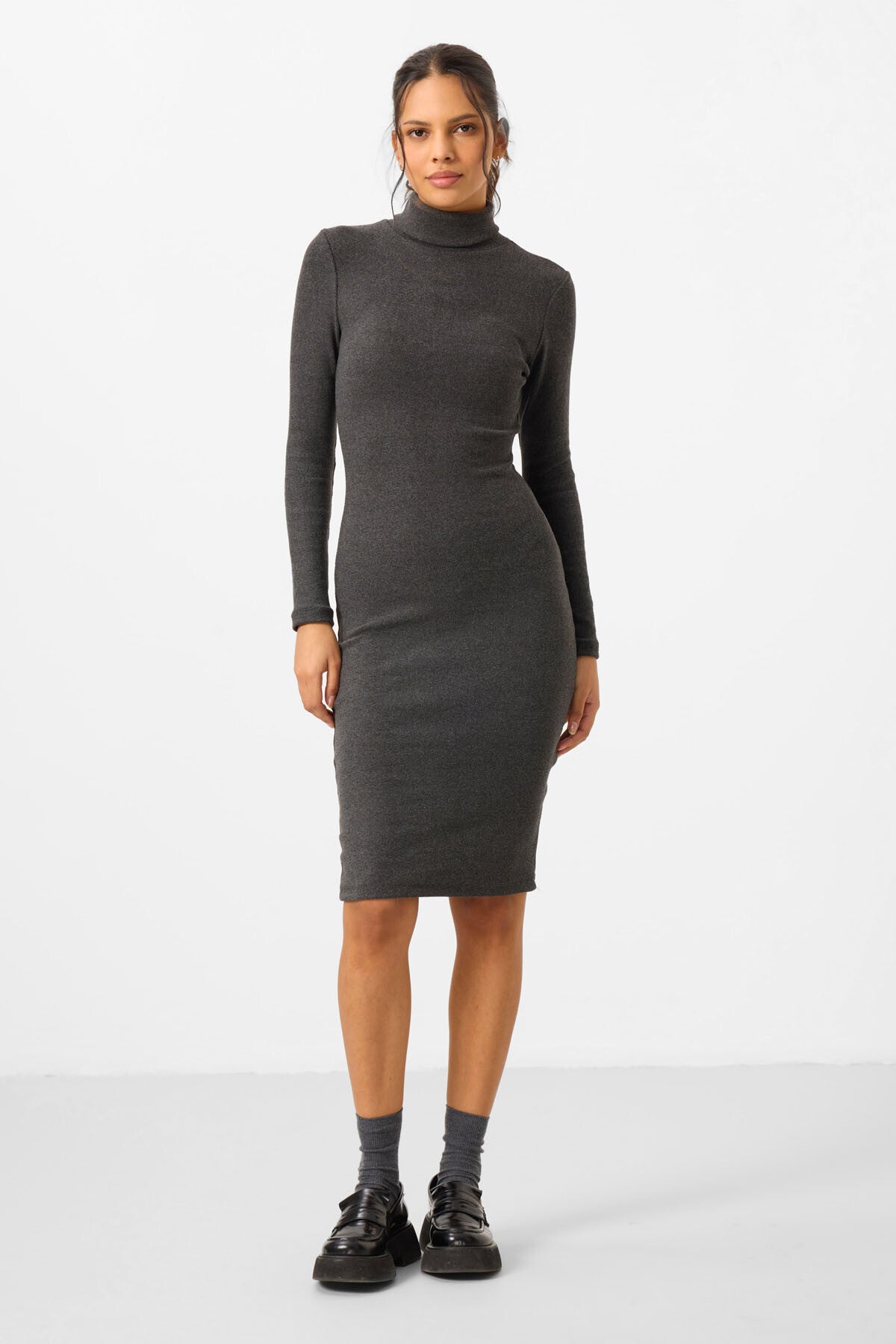 Anthracite Melange Cashmere Knitted Tight Fit Sailor Collar Women's Dress - 97117