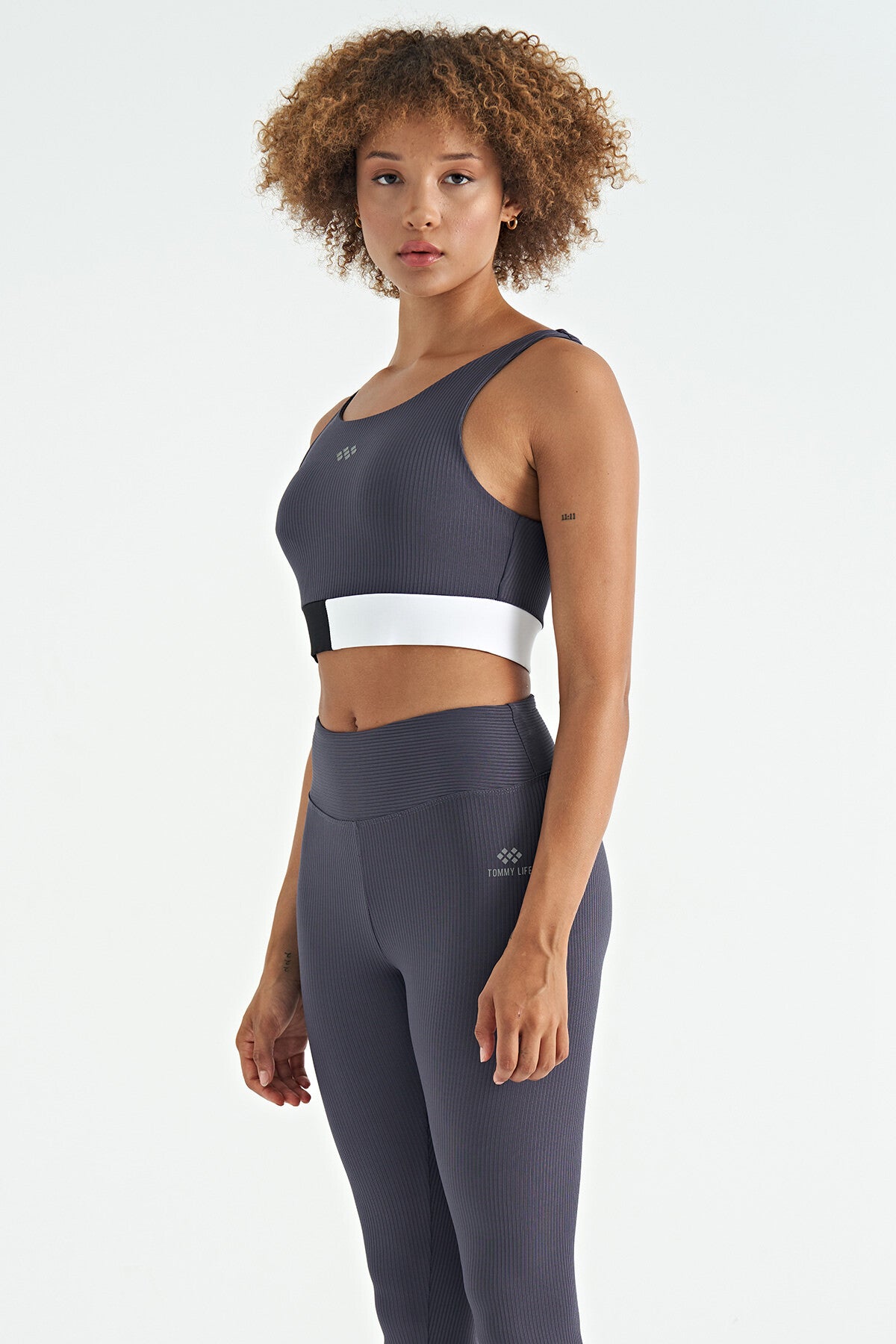 Anthracite Color Block Logo Print Narrow Cut Striped Women's Bustier - 97275