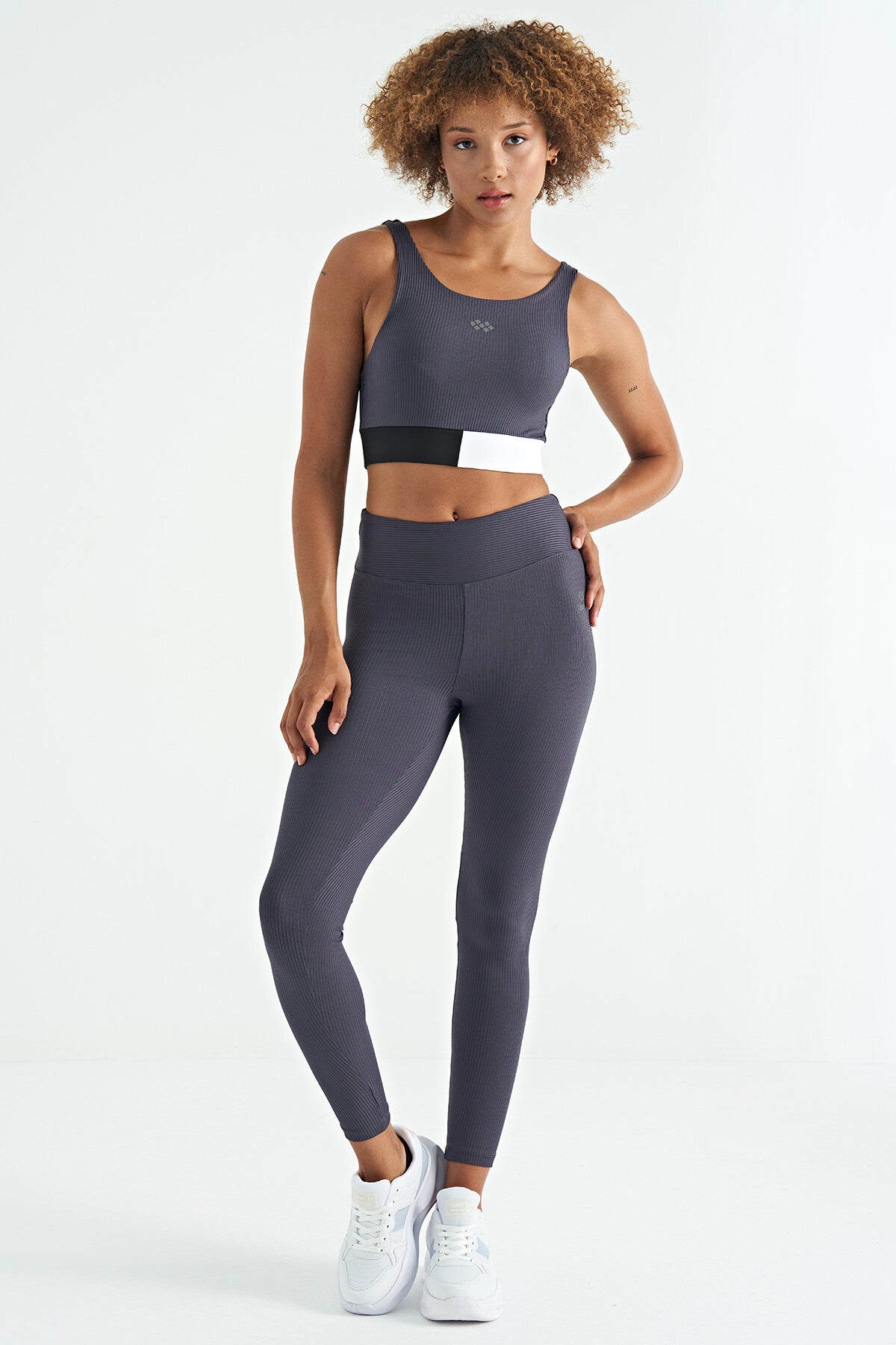 Anthracite Color Block Logo Print Narrow Cut Striped Women's Bustier - 97275