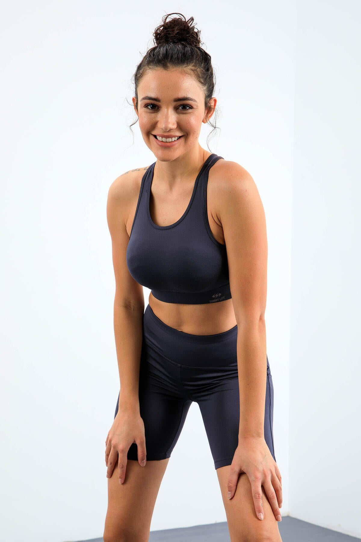 Anthracite High Waist Wrap-up Slim Fit Bustier Biker Women's Tights Set - 95303