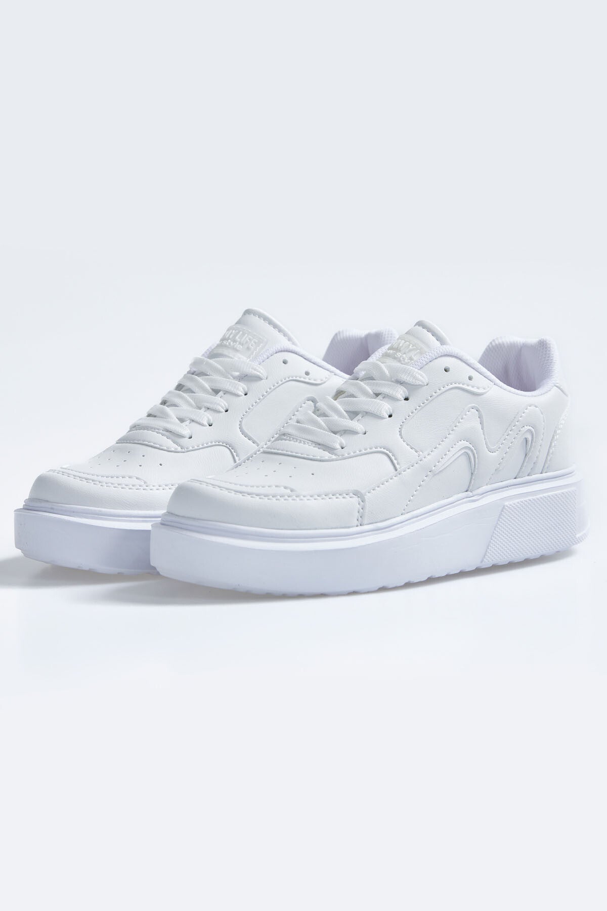 White Laced High Sole PU Leather Women's Sports Shoes - 89200