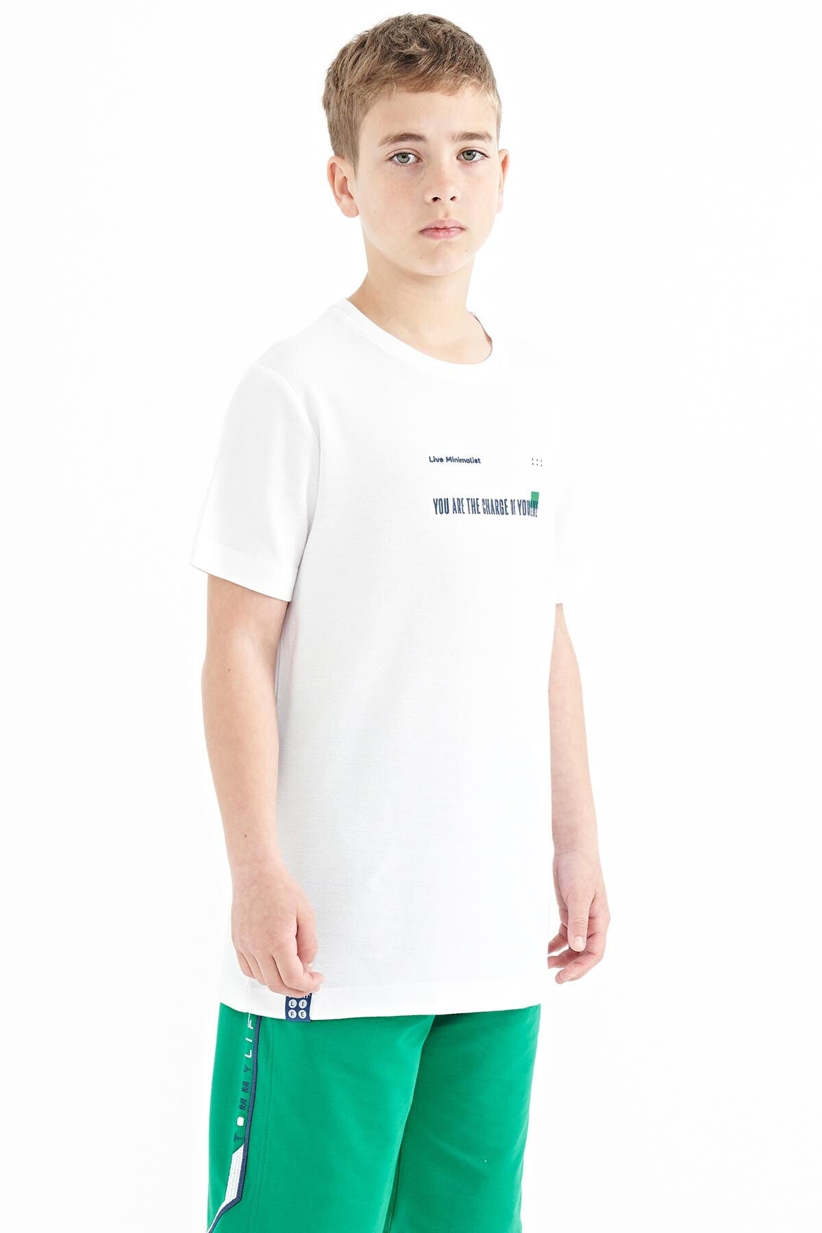 White Print Detailed O Collar Standard Fit Men's Kids T-Shirt - 11117