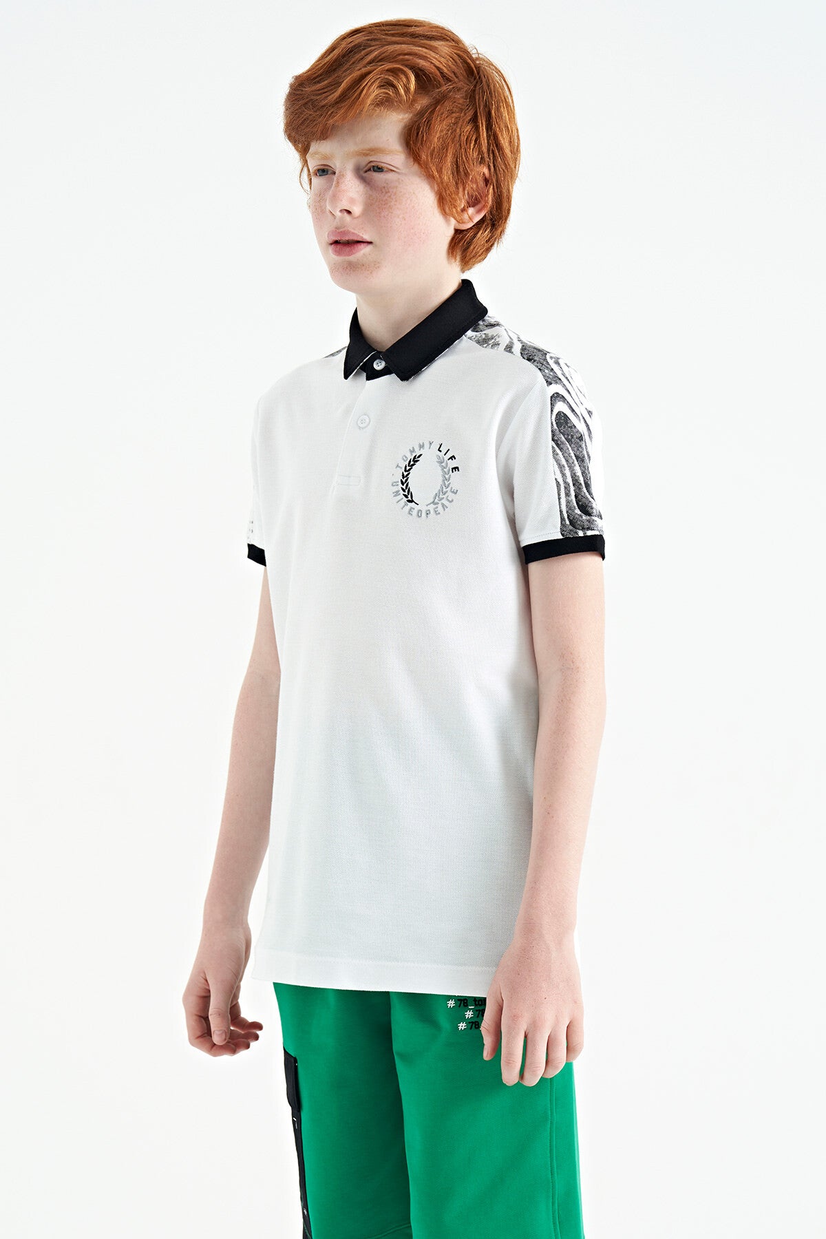 White Print Detailed Polo Collar Standard Cut Boys' T-Shirt - 11166