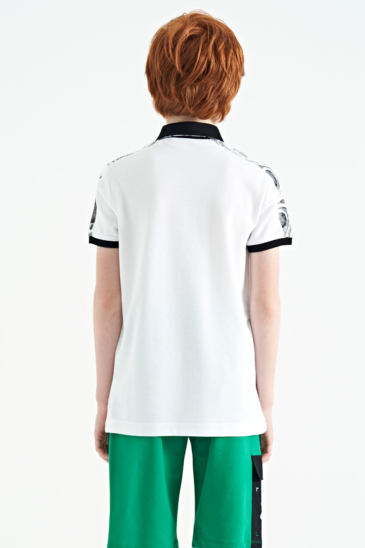 White Print Detailed Polo Collar Standard Cut Boys' T-Shirt - 11166