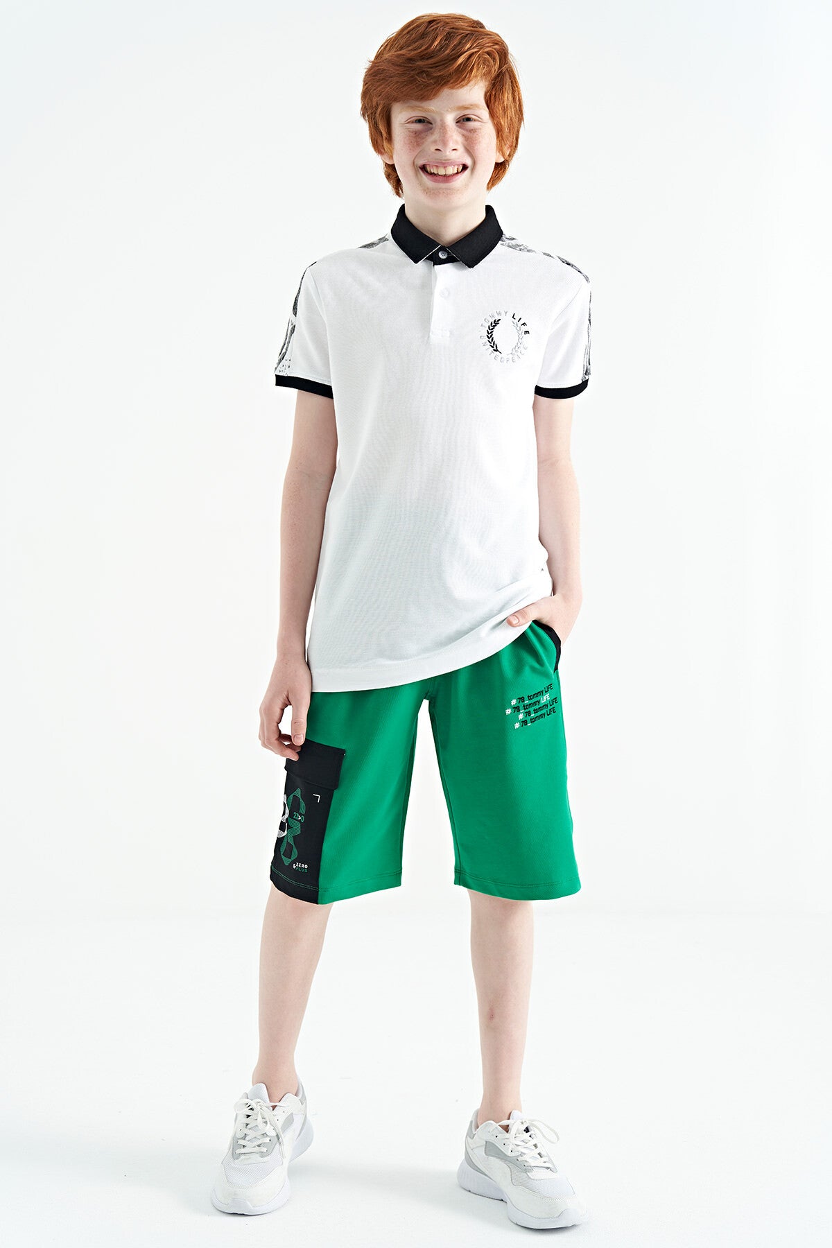 White Print Detailed Polo Collar Standard Cut Boys' T-Shirt - 11166