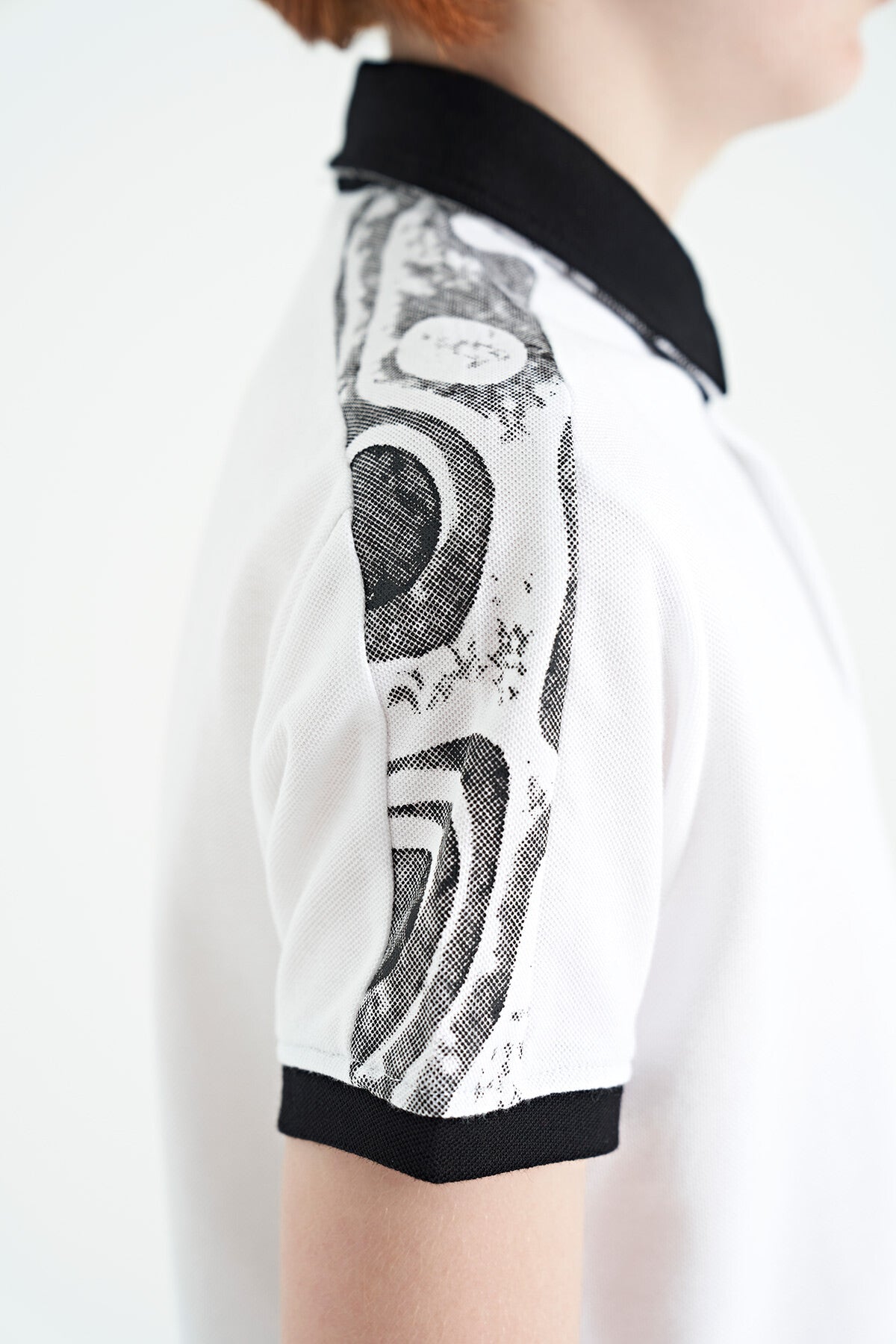 White Print Detailed Polo Collar Standard Cut Boys' T-Shirt - 11166