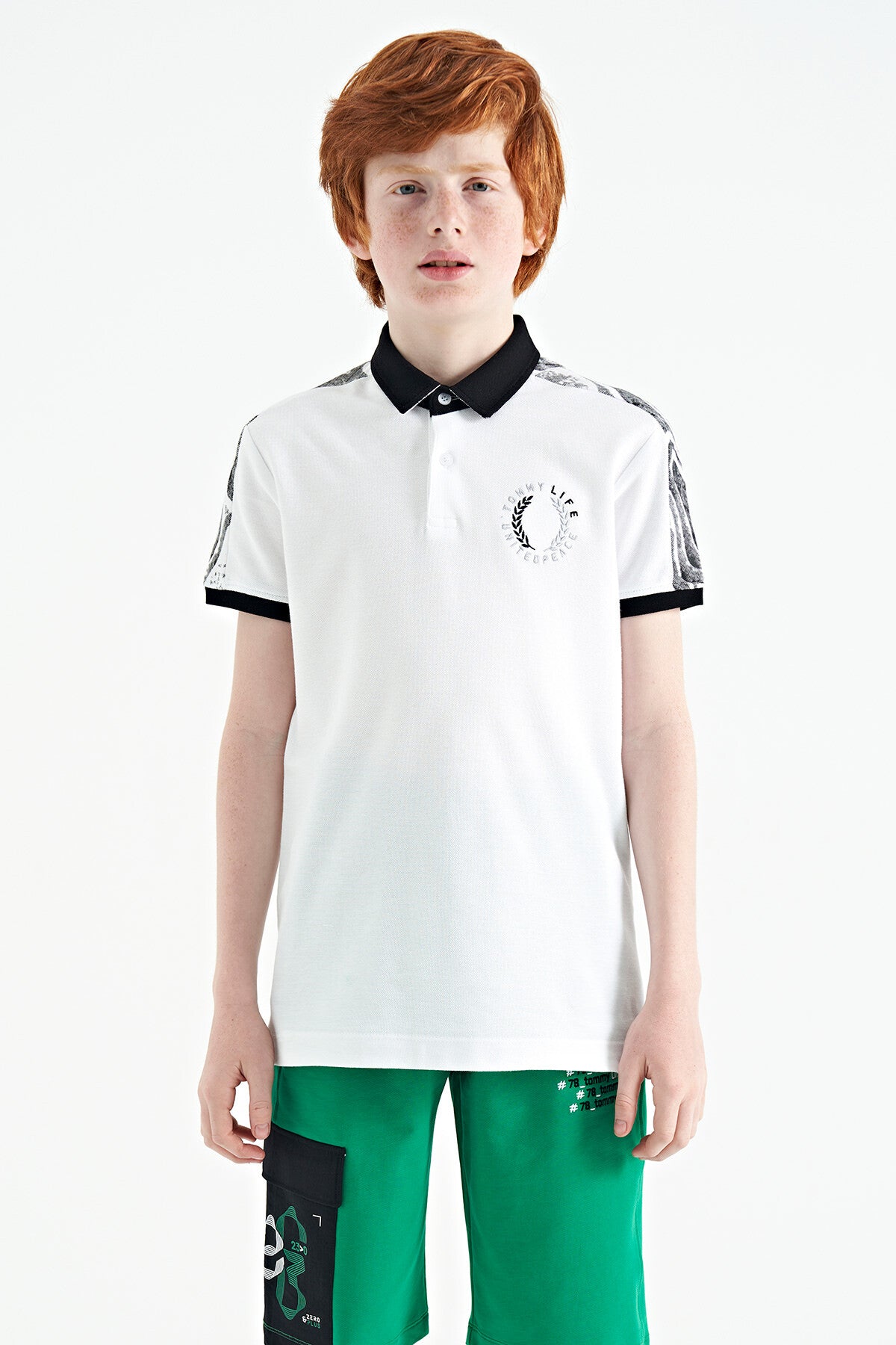 White Print Detailed Polo Collar Standard Cut Boys' T-Shirt - 11166