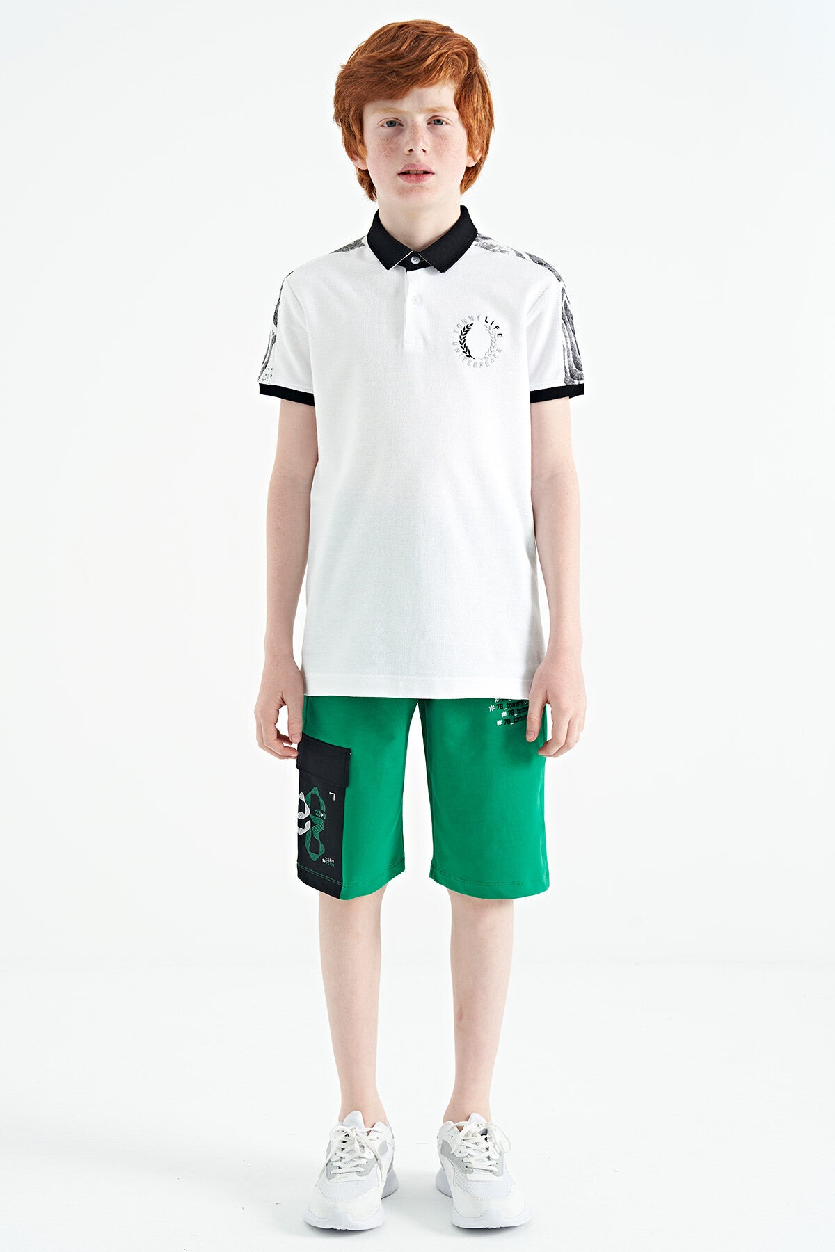 White Print Detailed Polo Collar Standard Cut Boys' T-Shirt - 11166