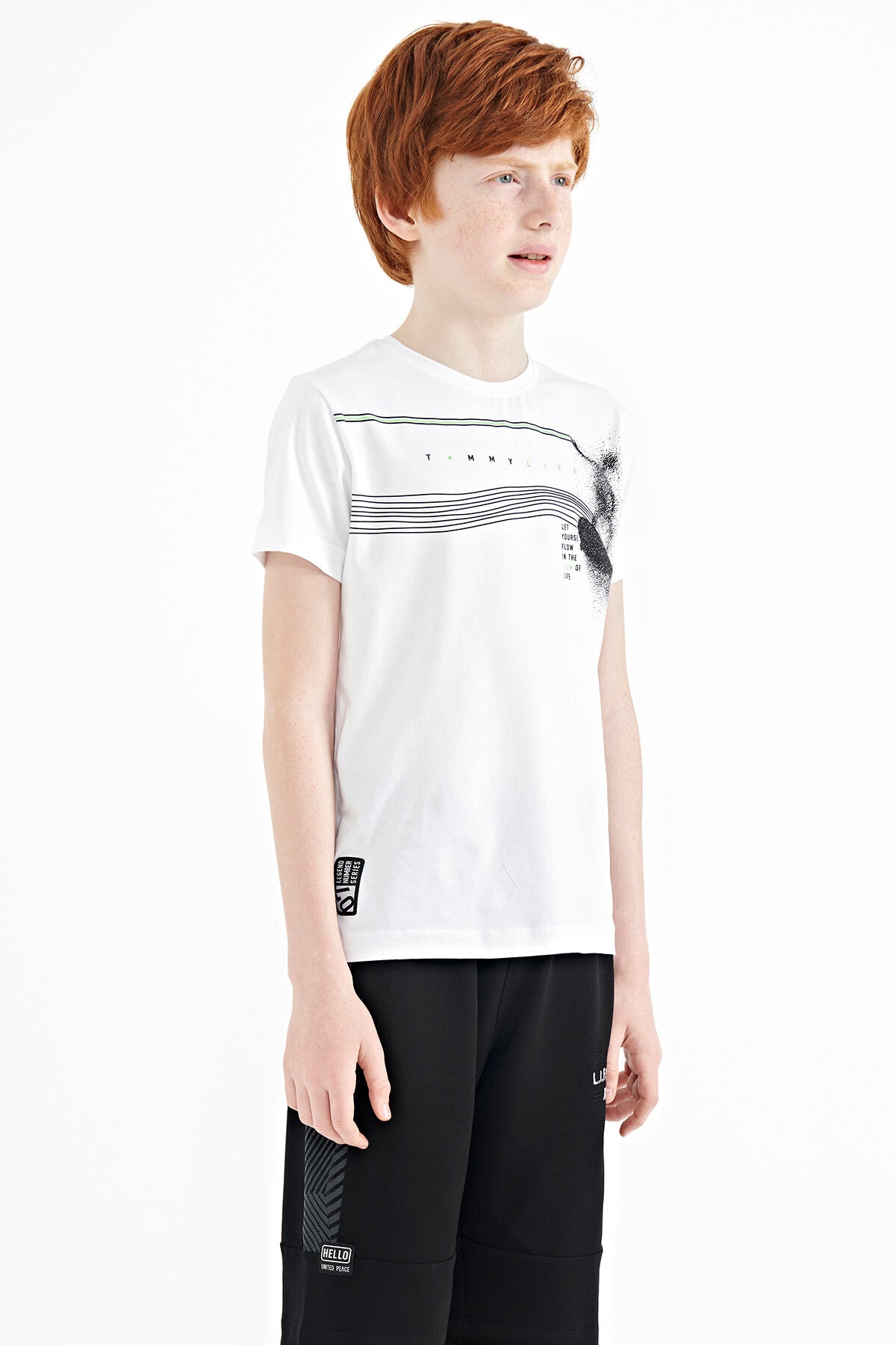 White Print Detailed Standard Template O Collar Boys T-Shirt - 11133