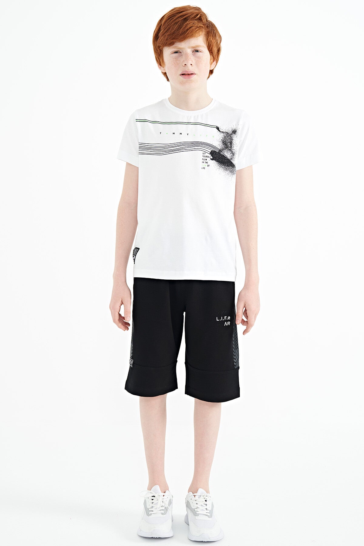 White Print Detailed Standard Template O Collar Boys T-Shirt - 11133